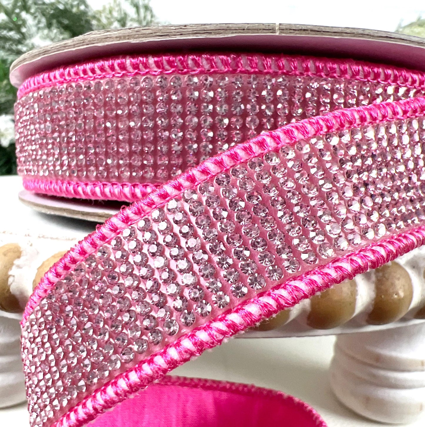 Hot Pink Rhinestone Ribbon, Fuchsia Dupion Ribbon with Rhinestone Trim, Jeweled Designer Ribbon for Holiday and Wedding Decor