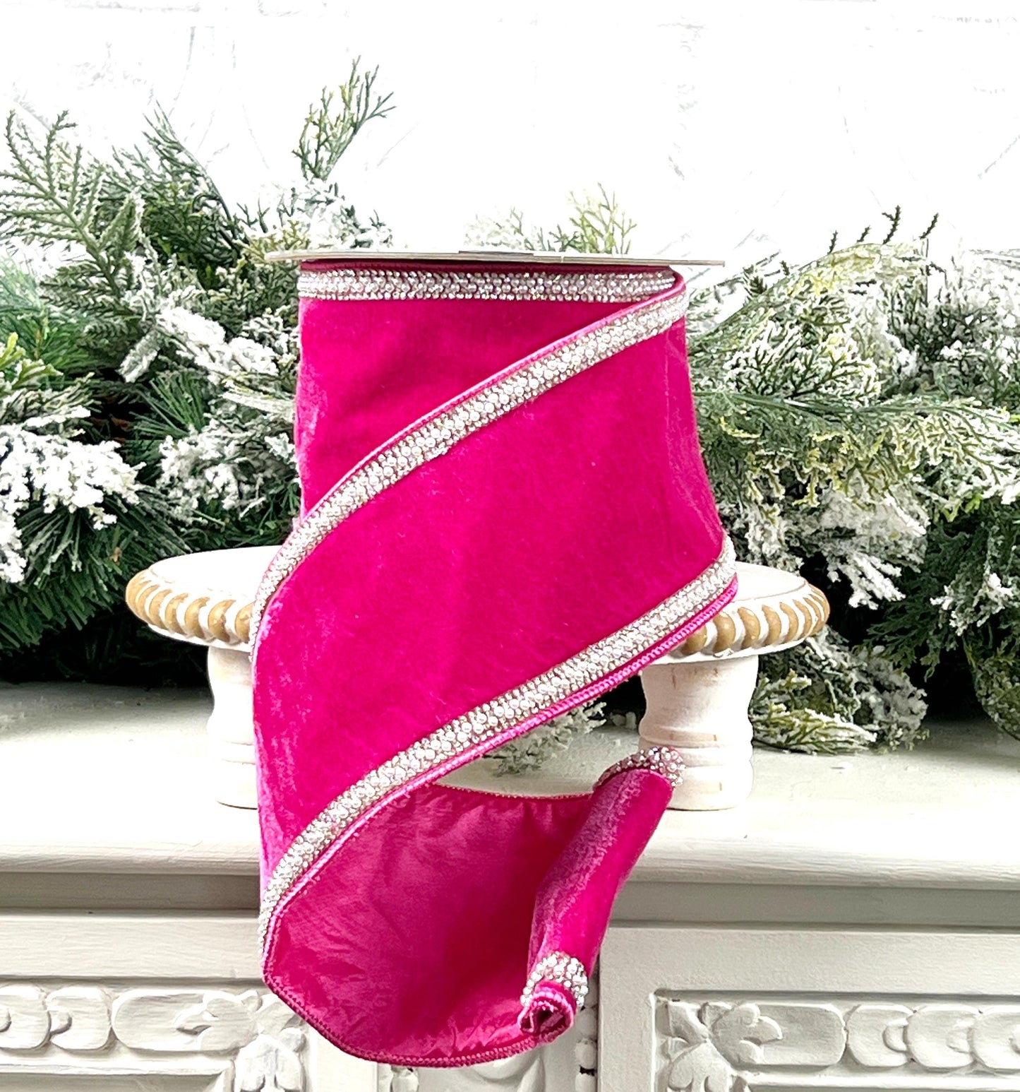 Hot Pink Jeweled Velvet Ribbon, Velvet Ribbon with Pearl and Rhinestone Trim, Luxury Designer Ribbon for Holiday and Wedding Decor