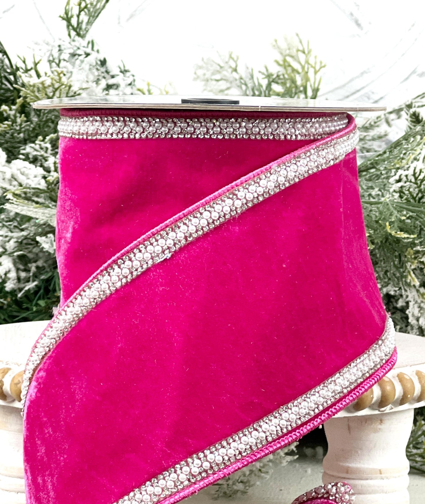 Hot Pink Jeweled Velvet Ribbon, Velvet Ribbon with Pearl and Rhinestone Trim, Luxury Designer Ribbon for Holiday and Wedding Decor