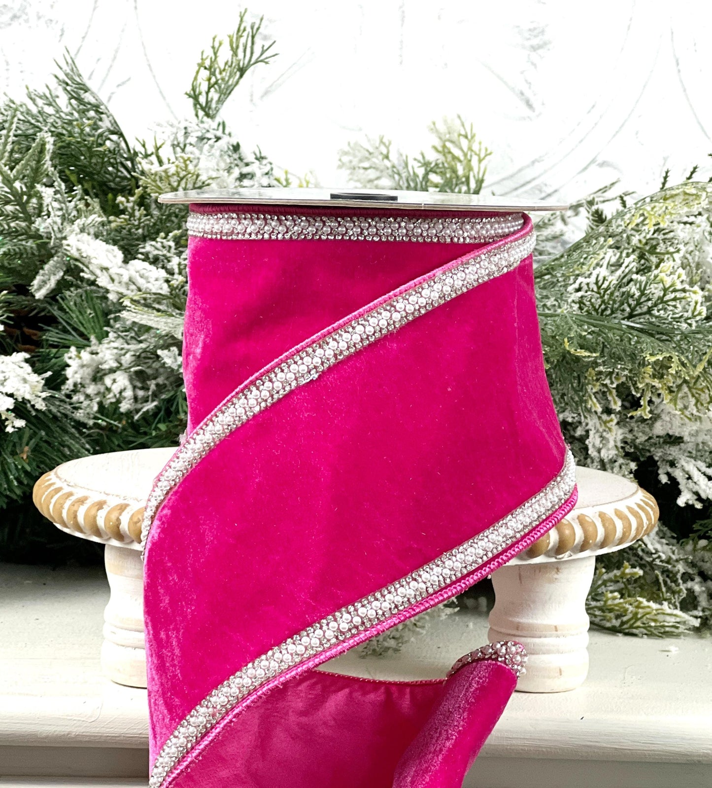 Hot Pink Jeweled Velvet Ribbon, Velvet Ribbon with Pearl and Rhinestone Trim, Luxury Designer Ribbon for Holiday and Wedding Decor