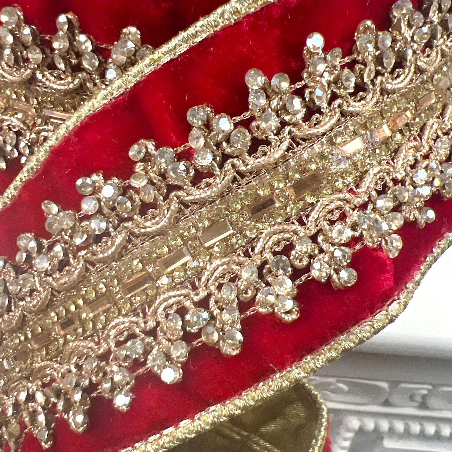 D. Stevens Red Jeweled Velvet Ribbon, Red Velvet Ribbon with Gold Embroidered Trim, Luxury Designer Ribbon for Holiday and Wedding Decor