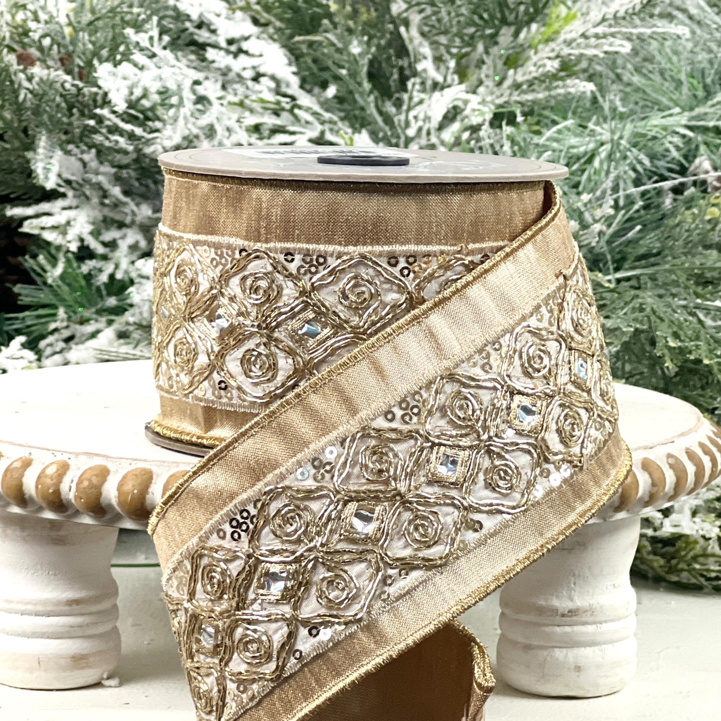 D. Stevens Metallic Gold Embroidered Ribbon, Gold Dupion Ribbon with Iridescent Trim, Luxury Designer Ribbon for Holiday and Wedding Decor