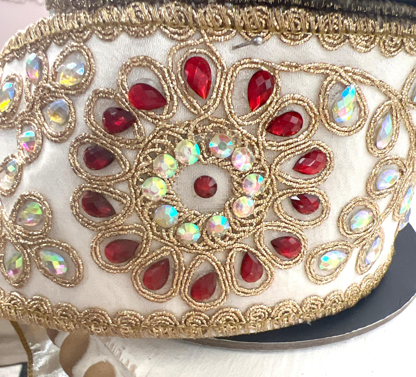 D. Stevens Platinum Jeweled Ribbon, Embroidered Metallic Dupion Ribbon with Red and Iridescent Gems, Luxury Designer Holiday Decor