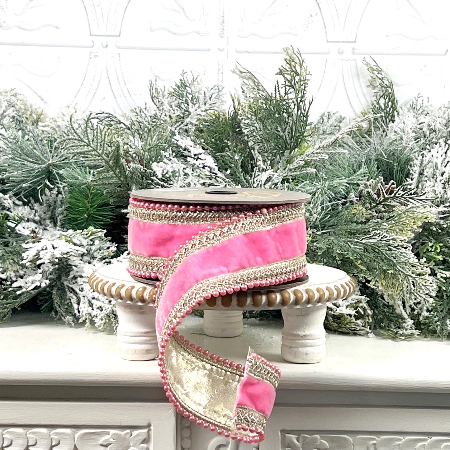 D. Stevens Jeweled Pink Velvet Ribbon, Pink Velvet Ribbon with Crystal Trim, Luxury Designer Ribbon for Holiday and Wedding Decor