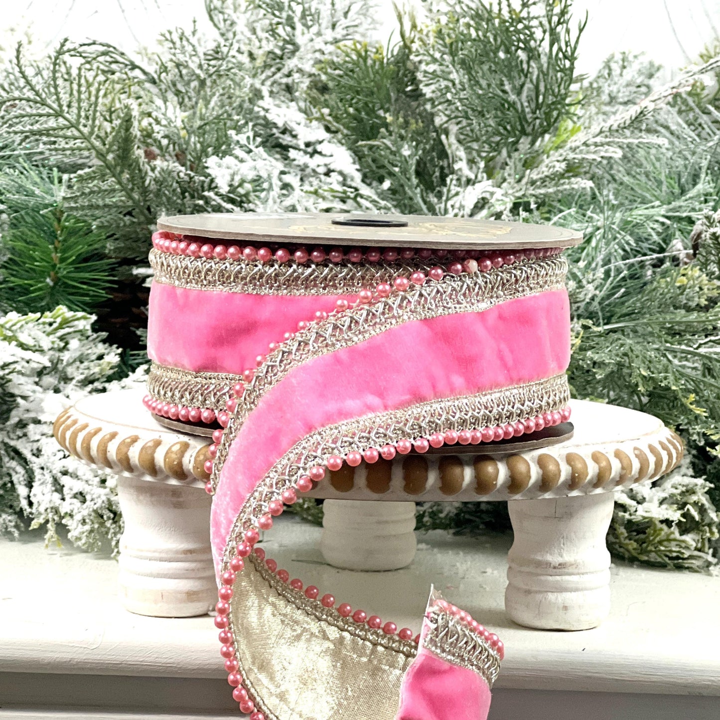 D. Stevens Jeweled Pink Velvet Ribbon, Pink Velvet Ribbon with Crystal Trim, Luxury Designer Ribbon for Holiday and Wedding Decor