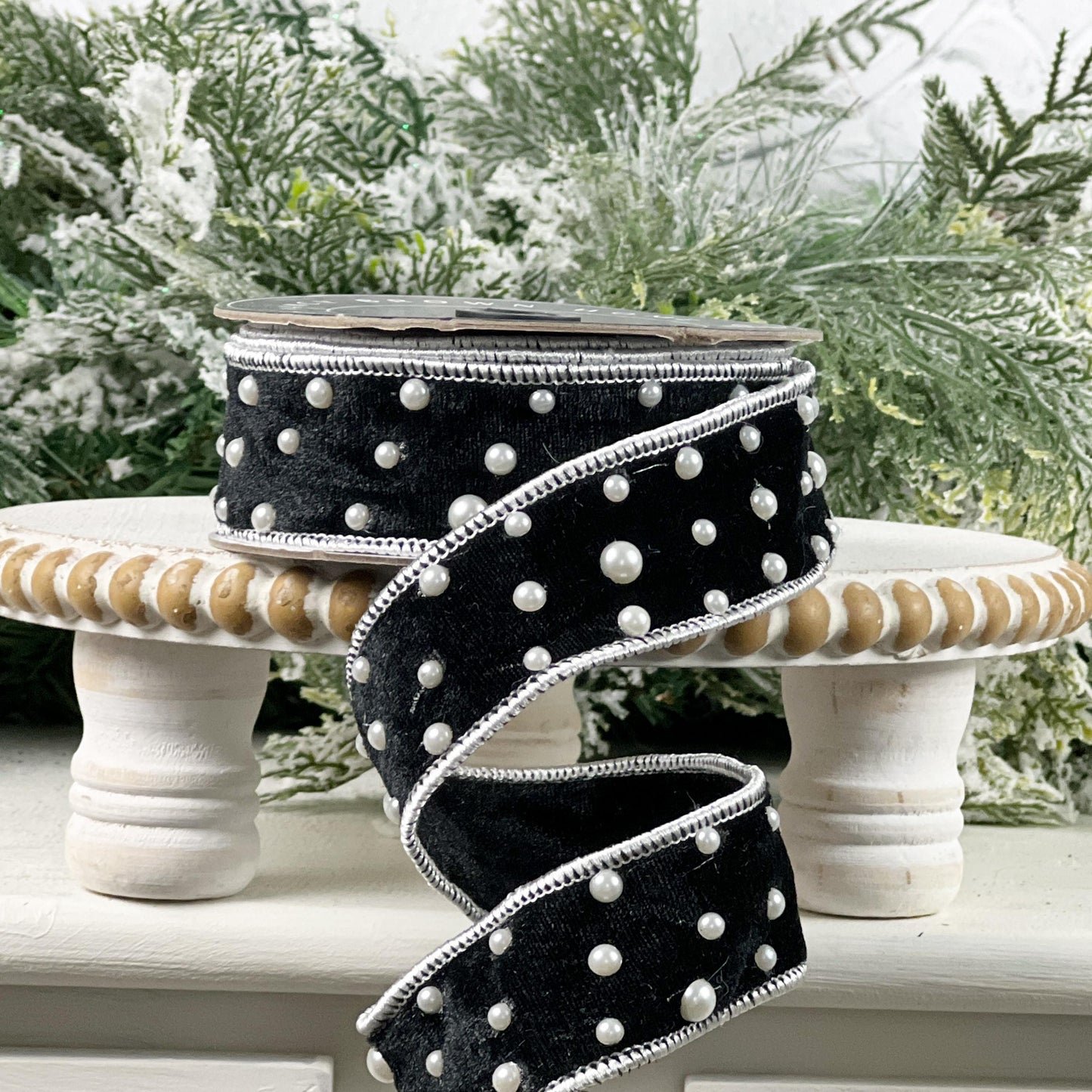 Black Velvet Pearl Ribbon, Luxury Designer Ribbon, Holiday and Wedding Decor