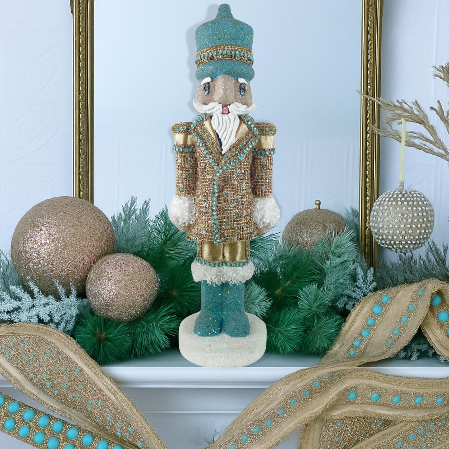 Elegant Blue and Gold Handmade Lg Designer Couture Nutcracker, Unique Holiday Home Decor, Gift for Dancer, Luxe Holiday Display