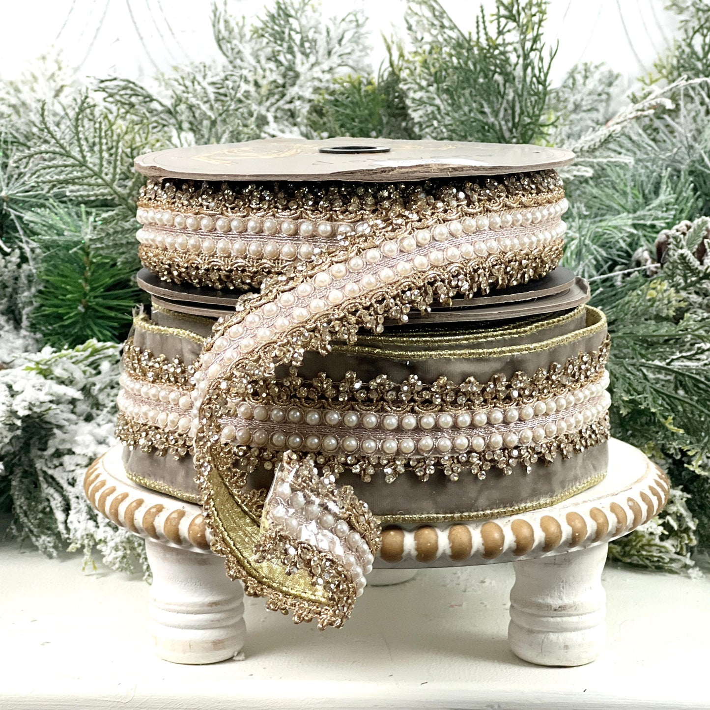 D. Stevens Platinum Jeweled Velvet Ribbon, Embroidered Pearl and Gold Trim Ribbon, Luxury Designer Holiday and Wedding Decor