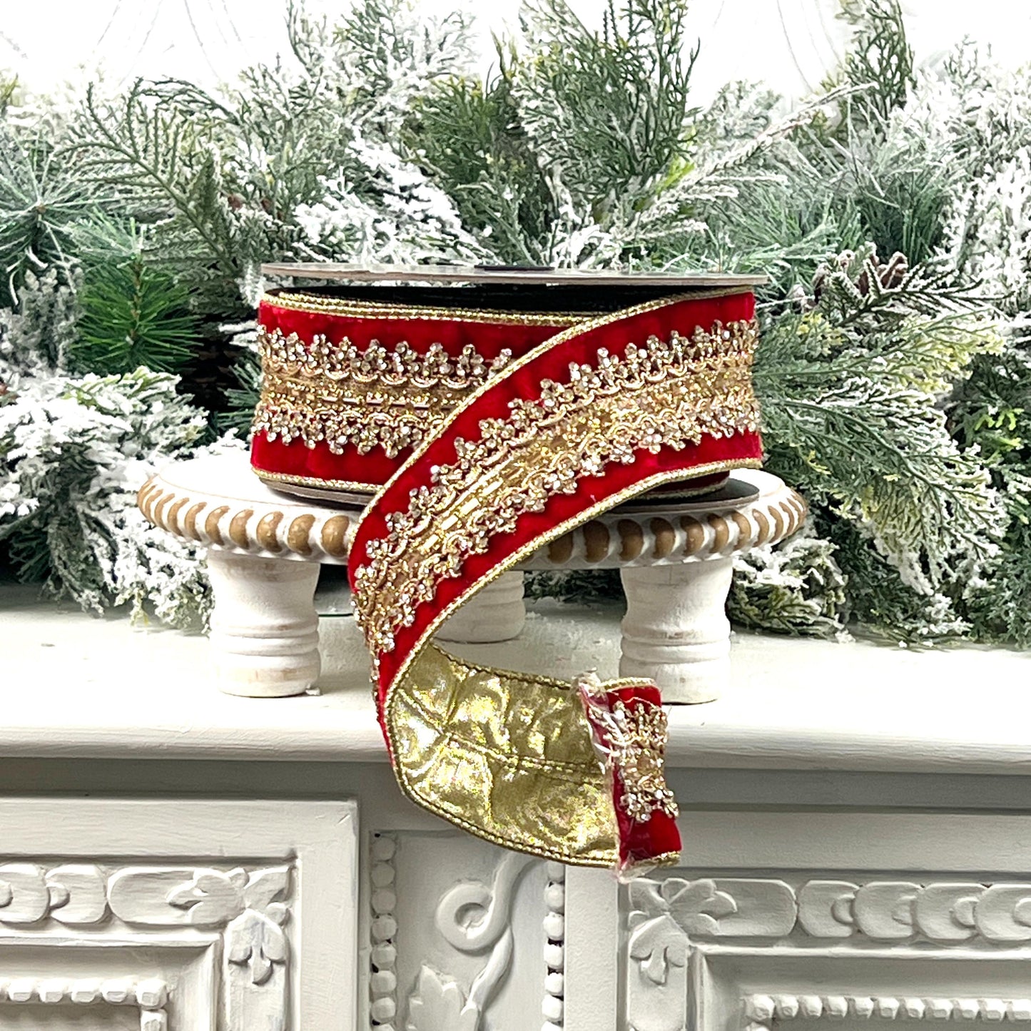 D. Stevens Red Jeweled Velvet Ribbon, Red Velvet Ribbon with Gold Embroidered Trim, Luxury Designer Ribbon for Holiday and Wedding Decor