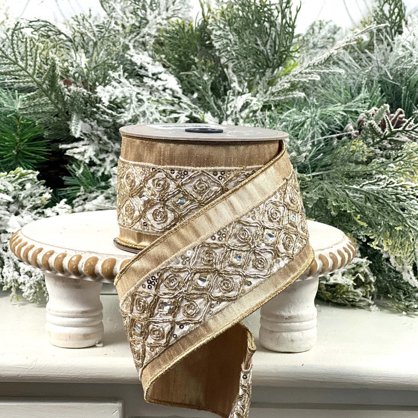 D. Stevens Metallic Gold Embroidered Ribbon, Gold Dupion Ribbon with Iridescent Trim, Luxury Designer Ribbon for Holiday and Wedding Decor