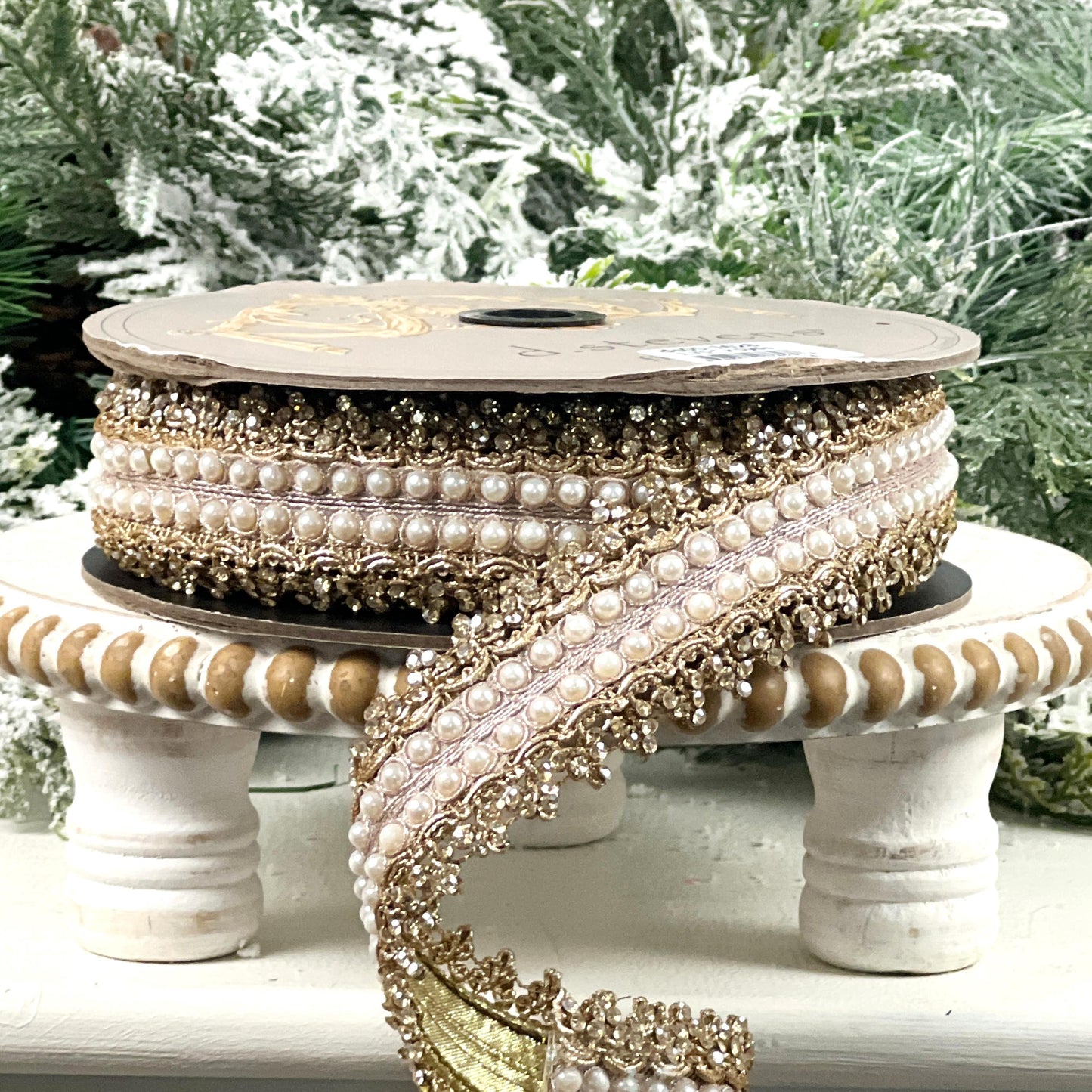 D. Stevens Gold Embroidered Jewel Trim Ribbon, Metallic Pearl Designer Ribbon, Luxury Holiday and Wedding Decor