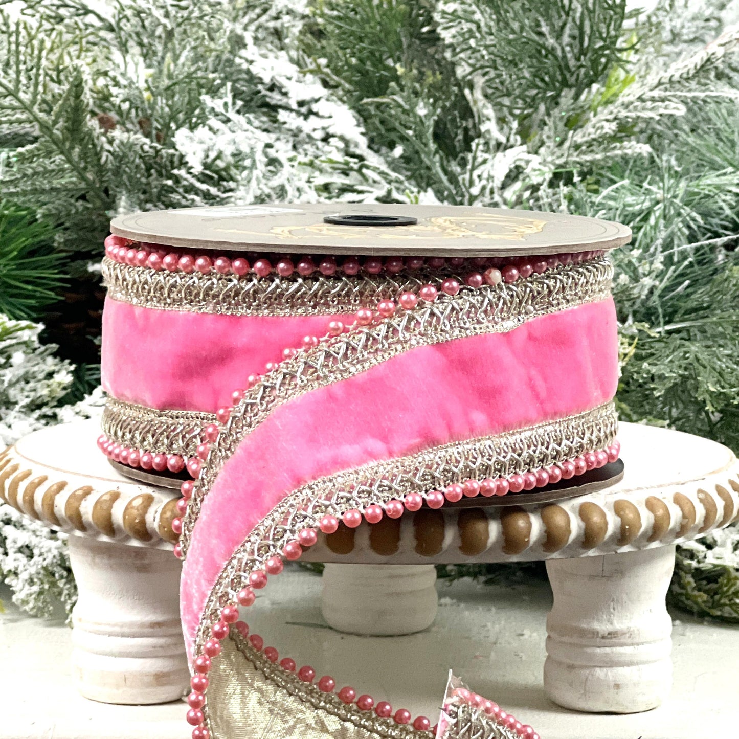 D. Stevens Jeweled Pink Velvet Ribbon, Pink Velvet Ribbon with Crystal Trim, Luxury Designer Ribbon for Holiday and Wedding Decor