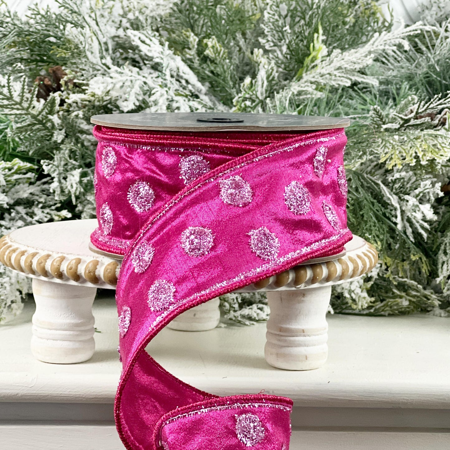 Farrisilk Hot Pink Polka Dot Ribbon, Pink Tinsel Dot Ribbon, Spring Easter Designer Decor