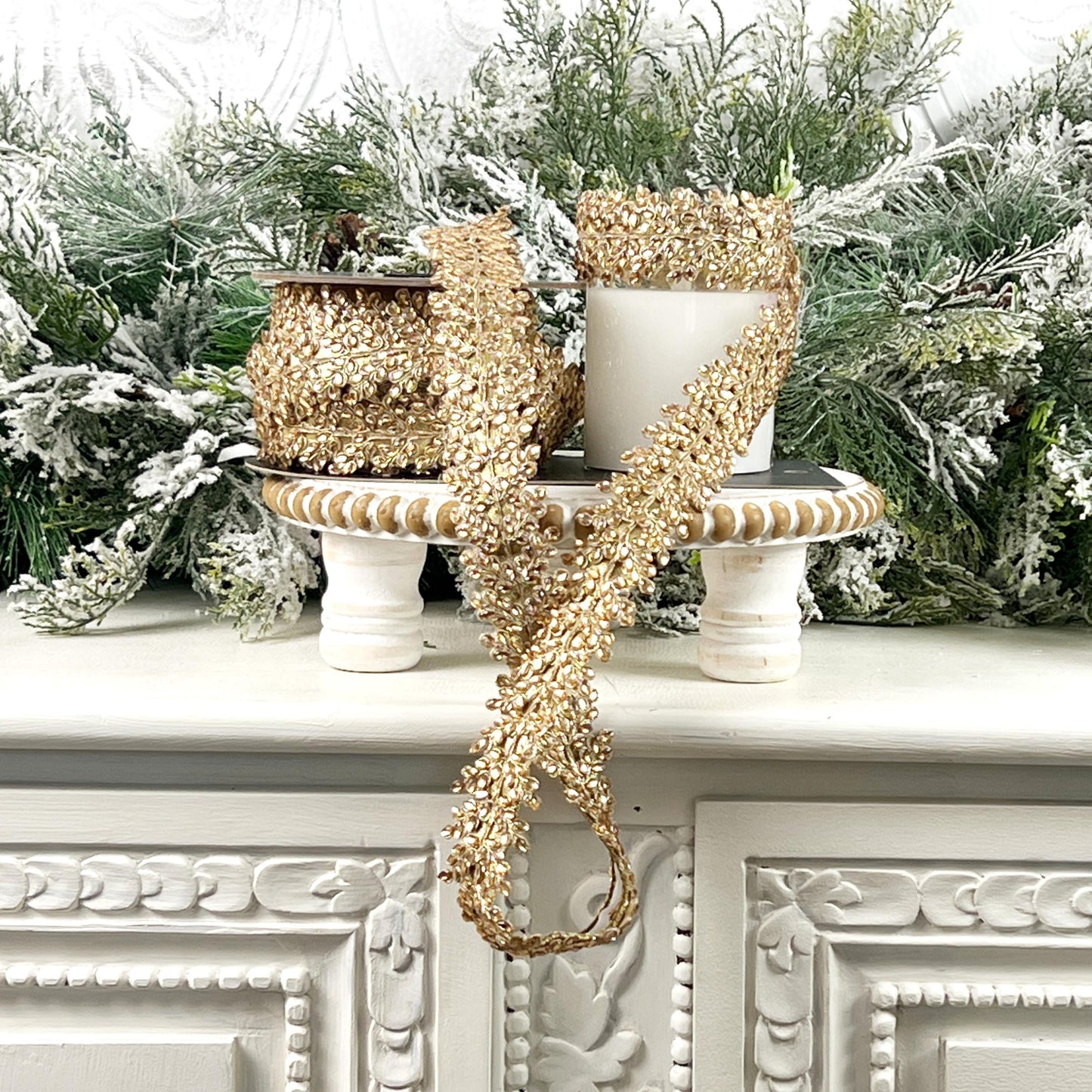 Farrisilk Jeweled Ornate Ribbon, Gold Rhinestone Adhesive Ribbon, Designer Trim for Holiday Decor