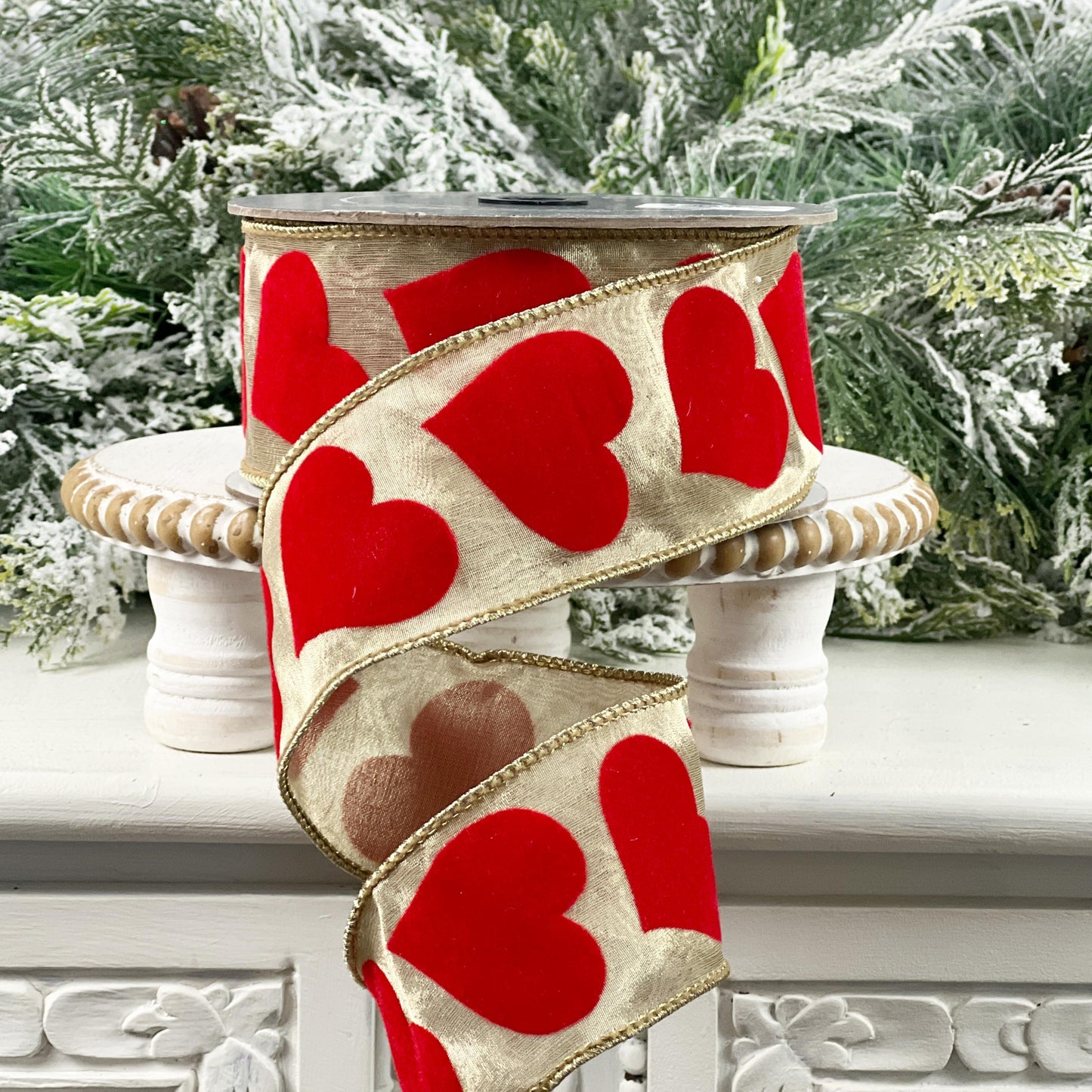 Farrisilk Flocked Hearts Ribbon, Gold Ribbon with Red Velvet Hearts, Valentine and Wedding Decor
