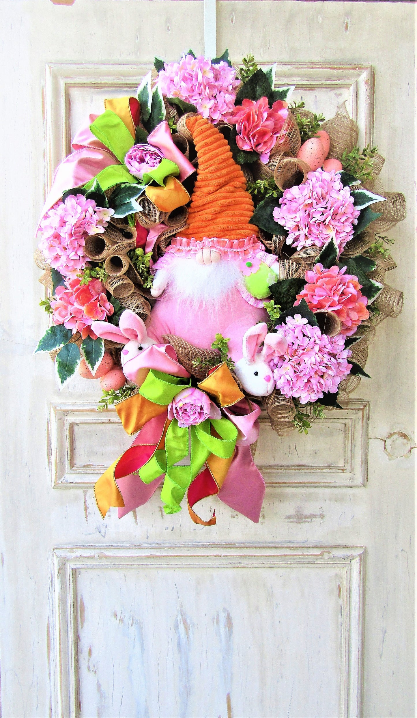 Spring Gnome Wreath for Front Door, Large Gnome Wreath, Spring Door Decor, Spring Porch Decor, Hydrangea Wreath, Mother's Day Gift