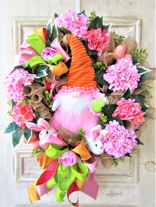 Spring Gnome Wreath for Front Door, Large Gnome Wreath, Spring Door Decor, Spring Porch Decor, Hydrangea Wreath, Mother's Day Gift
