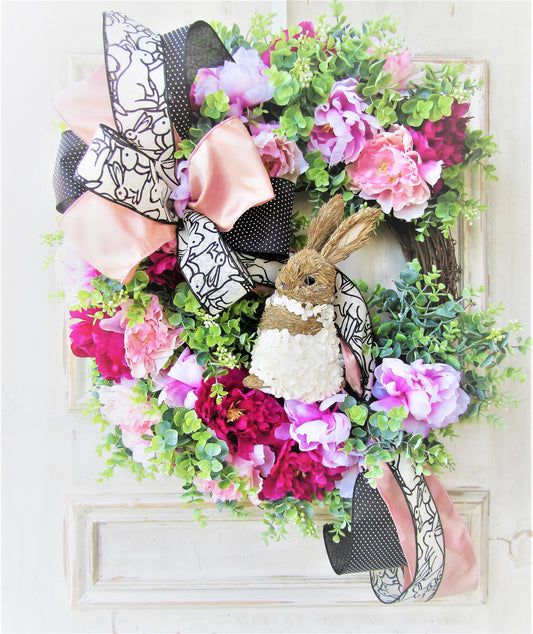 Bunny Wreath for Front Door, Pink Peony Wreath, Spring Wreath, Mothers Day Gift, Farmhouse Wreath, Front Porch Decor, Nursery Decor