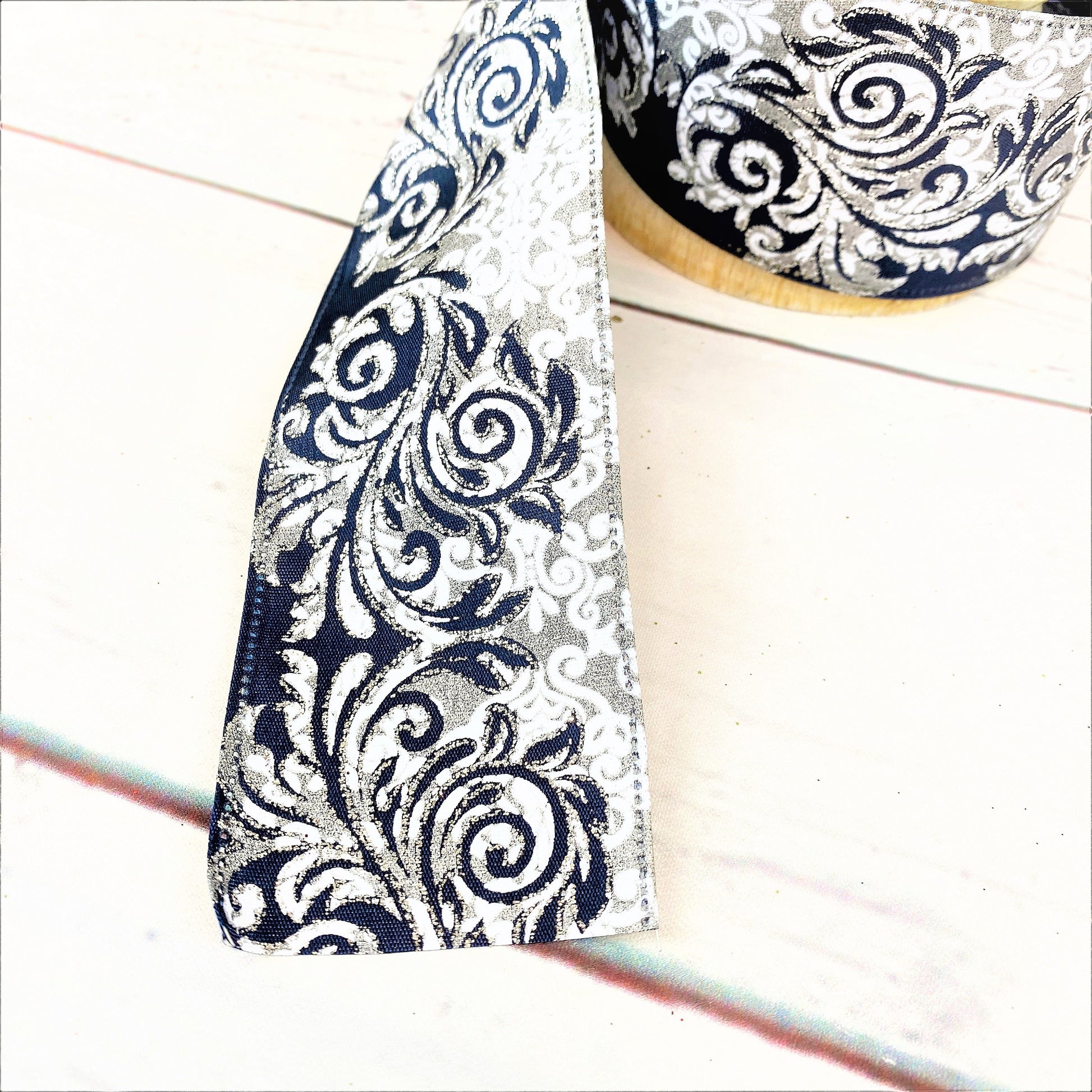 D Stevens Ribbon, Luxury Ribbon, Christmas Ribbon, Glitter Ribbon, Designer Wired Ribbon, Blue and Silver Ribbon, Wreath Making Supplies