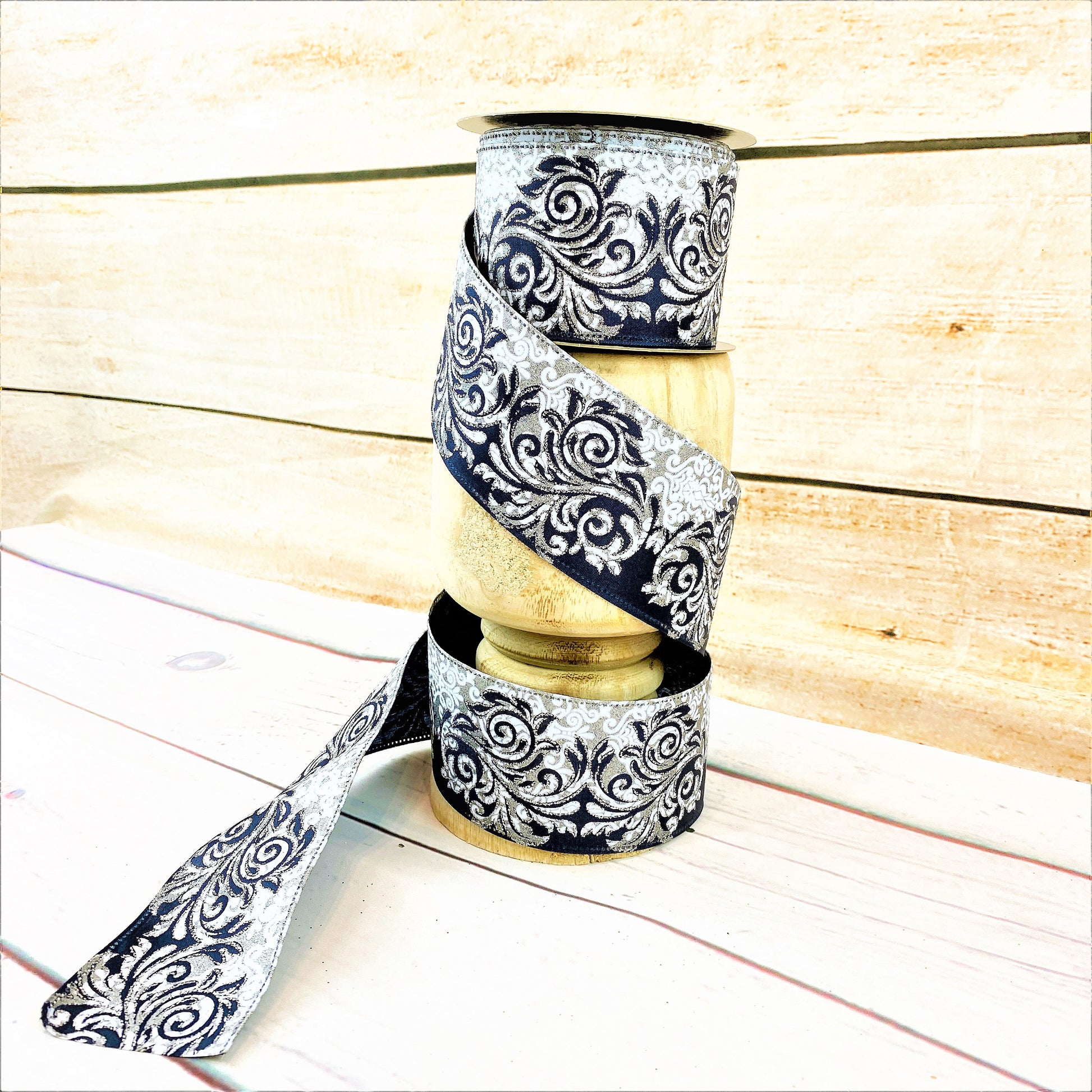 D Stevens Ribbon, Luxury Ribbon, Christmas Ribbon, Glitter Ribbon, Designer Wired Ribbon, Blue and Silver Ribbon, Wreath Making Supplies