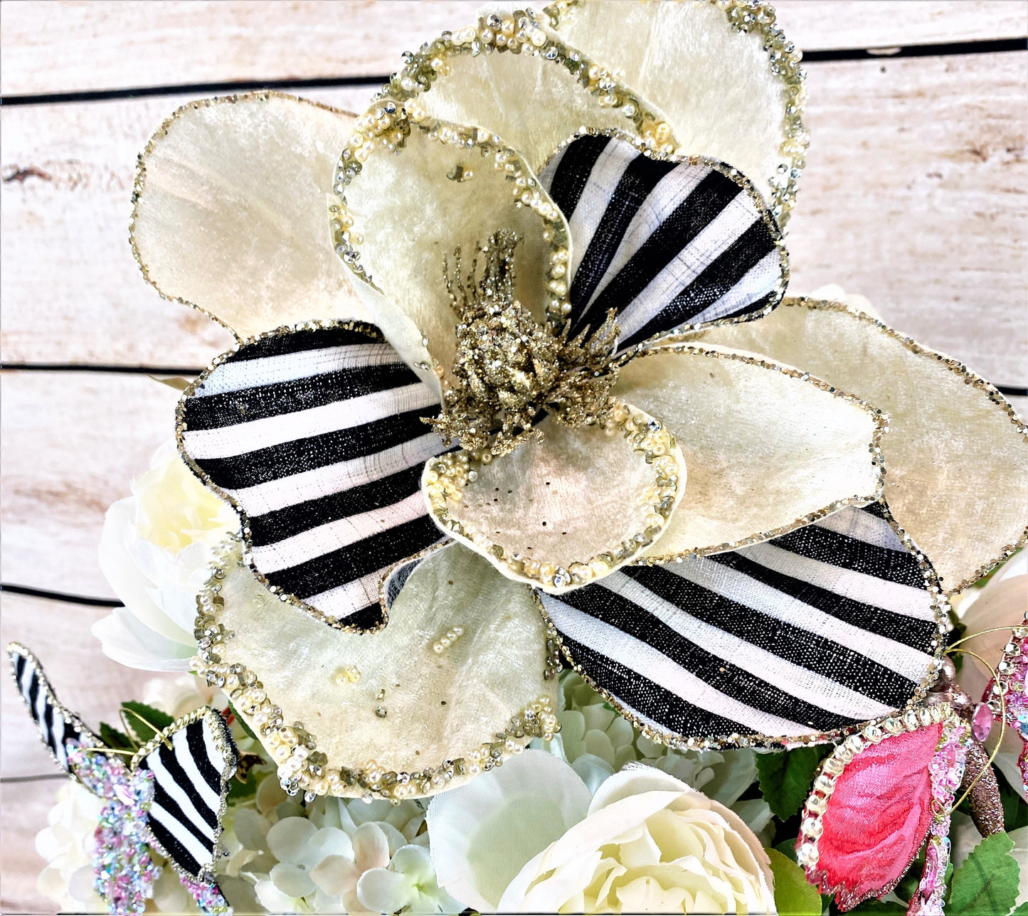 Magnolia Stem, 30" Magnolia Stem, Jeweled Magnolia, Mark Roberts Floral Stem, Royal Stripe Magnolia, Black and Cream Magnolia, Millinery