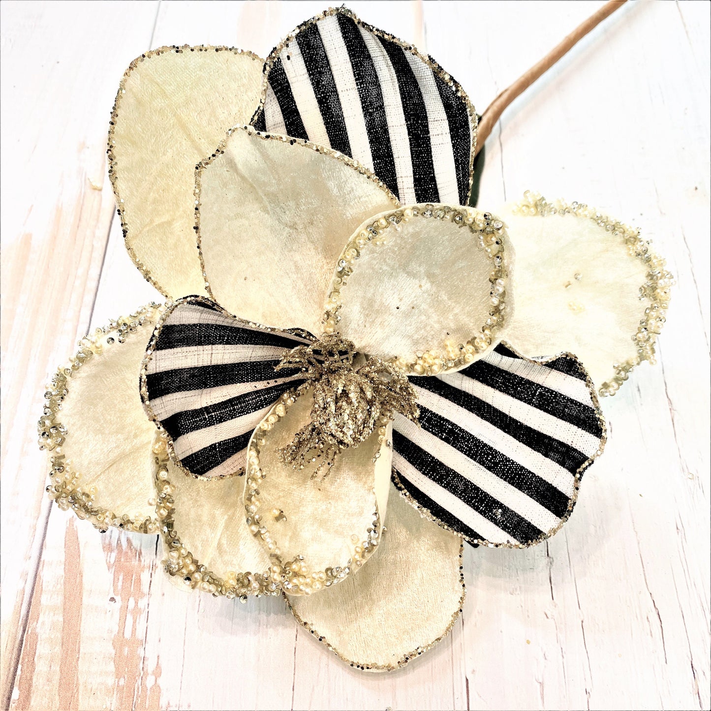 Magnolia Stem, 30" Magnolia Stem, Jeweled Magnolia, Mark Roberts Floral Stem, Royal Stripe Magnolia, Black and Cream Magnolia, Millinery