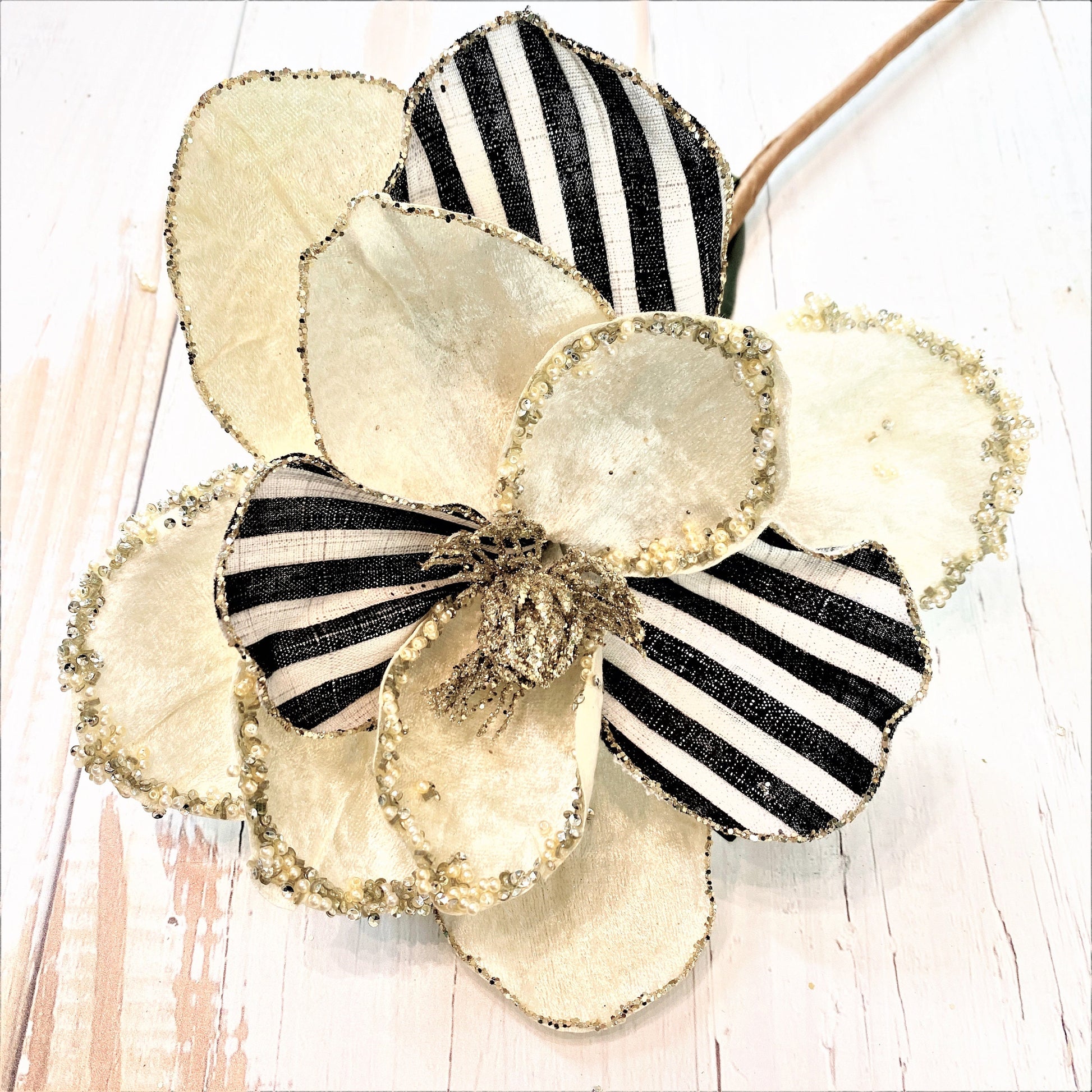 Magnolia Stem, 30" Magnolia Stem, Jeweled Magnolia, Mark Roberts Floral Stem, Royal Stripe Magnolia, Black and Cream Magnolia, Millinery