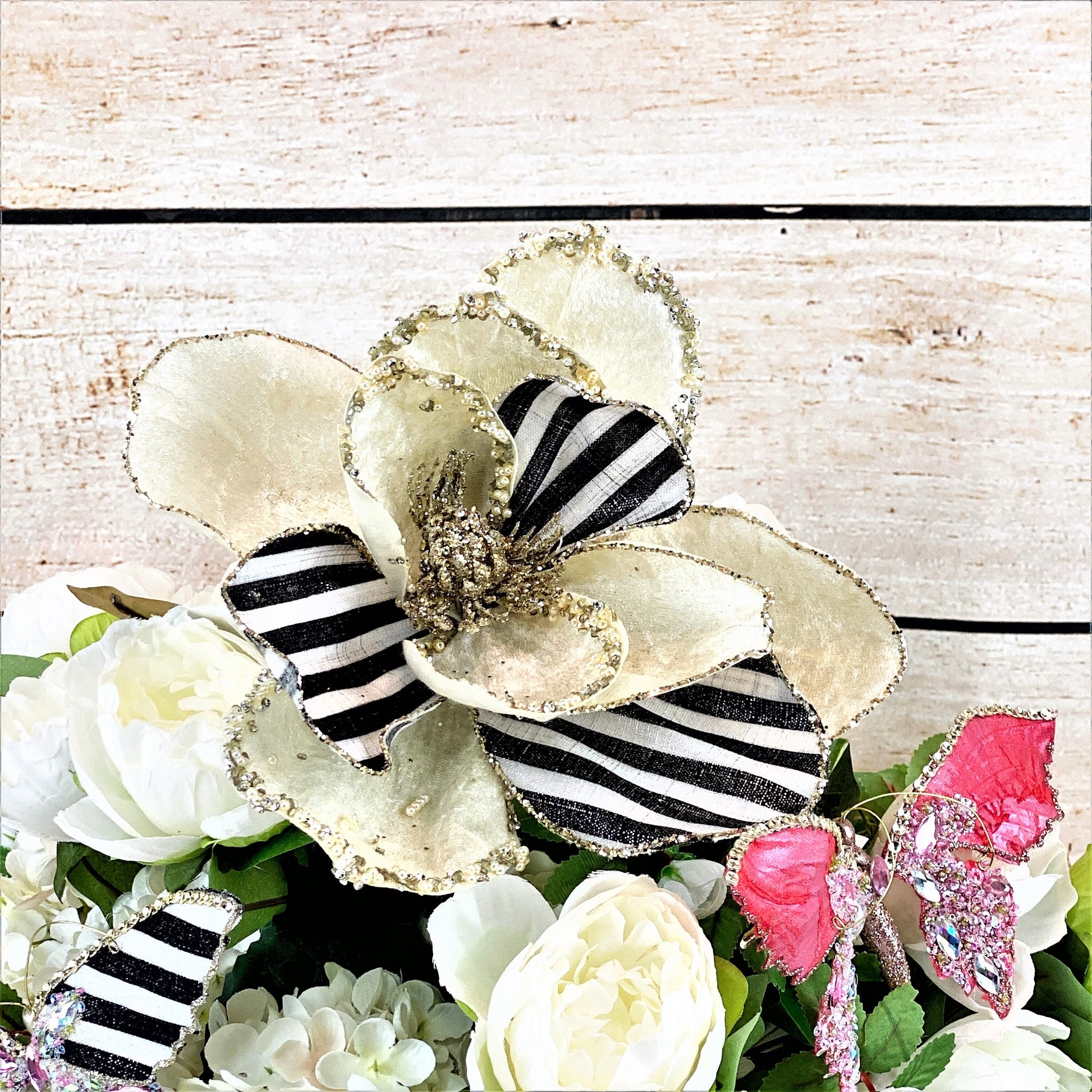 Magnolia Stem, 30" Magnolia Stem, Jeweled Magnolia, Mark Roberts Floral Stem, Royal Stripe Magnolia, Black and Cream Magnolia, Millinery