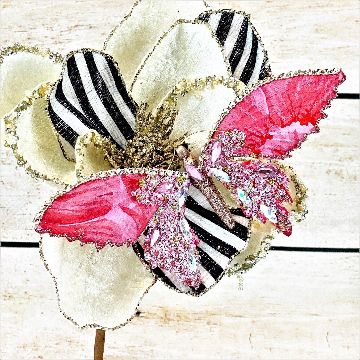 Magnolia Stem, 30" Magnolia Stem, Jeweled Magnolia, Mark Roberts Floral Stem, Royal Stripe Magnolia, Black and Cream Magnolia, Millinery