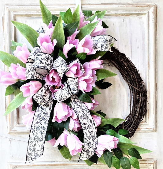 Spring Tulip Wreath for Front Door, Pink Floral Wreath, Spring Wreath, Easter Wreath, Mother's Day Gift, Spring Decor