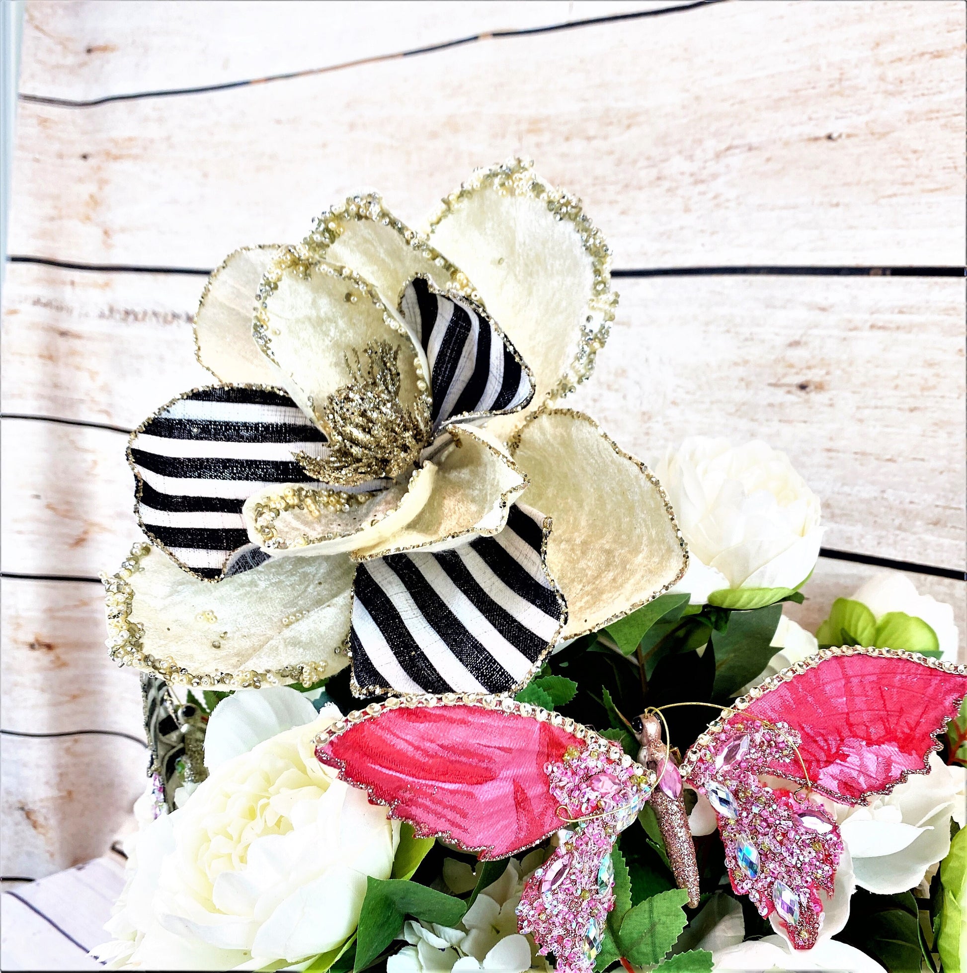 Magnolia Stem, 30" Magnolia Stem, Jeweled Magnolia, Mark Roberts Floral Stem, Royal Stripe Magnolia, Black and Cream Magnolia, Millinery