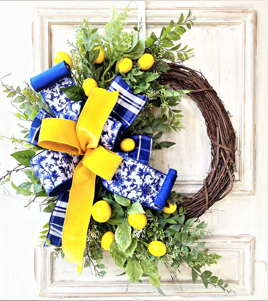 Lemon Wreath for Front Door, Everyday Wreath, Spring Wreath, Blue and Yellow Wreath, Mother's Day gift, Summer Wreath, Front Porch Decor