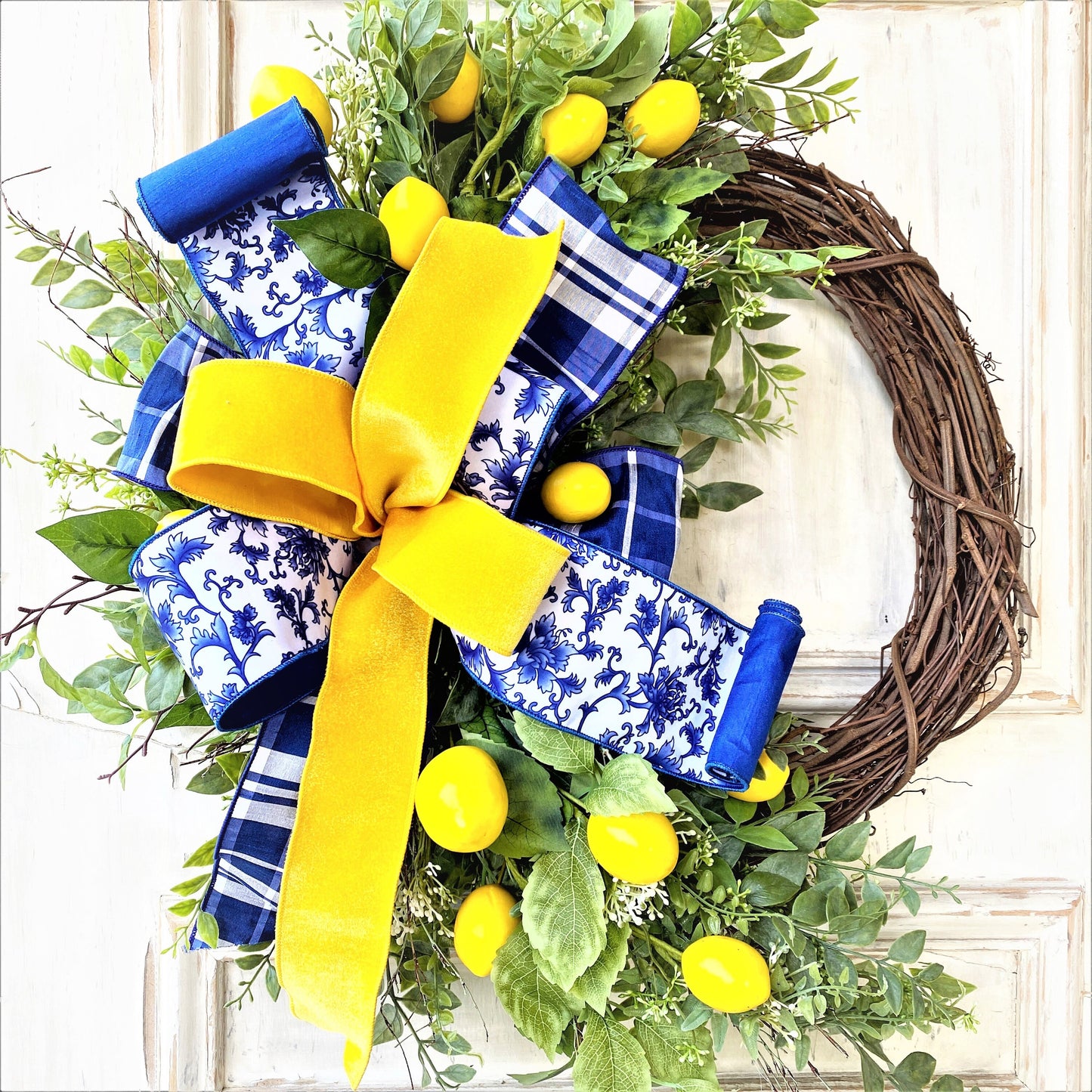 Lemon Wreath for Front Door, Everyday Wreath, Spring Wreath, Blue and Yellow Wreath, Mother's Day gift, Summer Wreath, Front Porch Decor