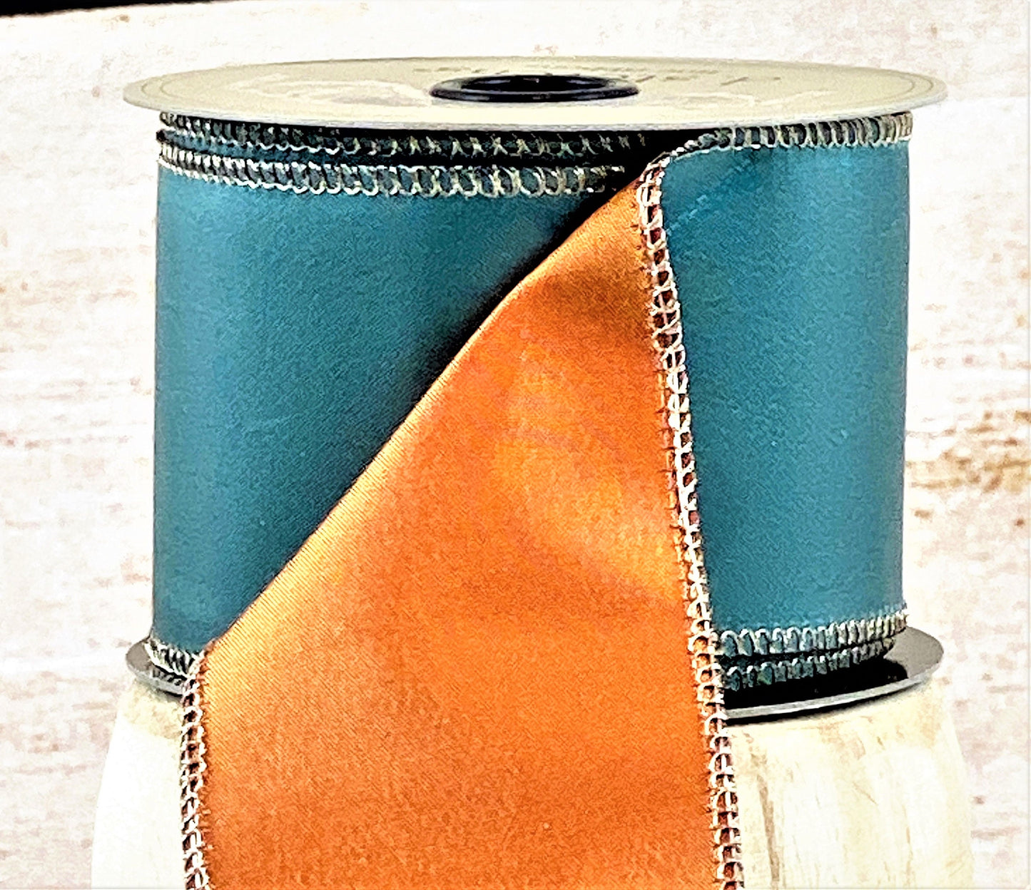 Celadon and Orange Taffeta Ribbon, Orange Ribbon, Celadon Ribbon, Two Sided Blue Ribbon, Wired Floral Ribbon, Summer Ribbon