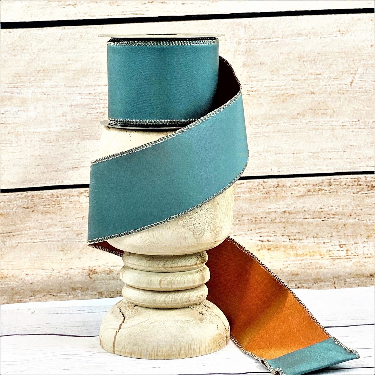 Celadon and Orange Taffeta Ribbon, Orange Ribbon, Celadon Ribbon, Two Sided Blue Ribbon, Wired Floral Ribbon, Summer Ribbon