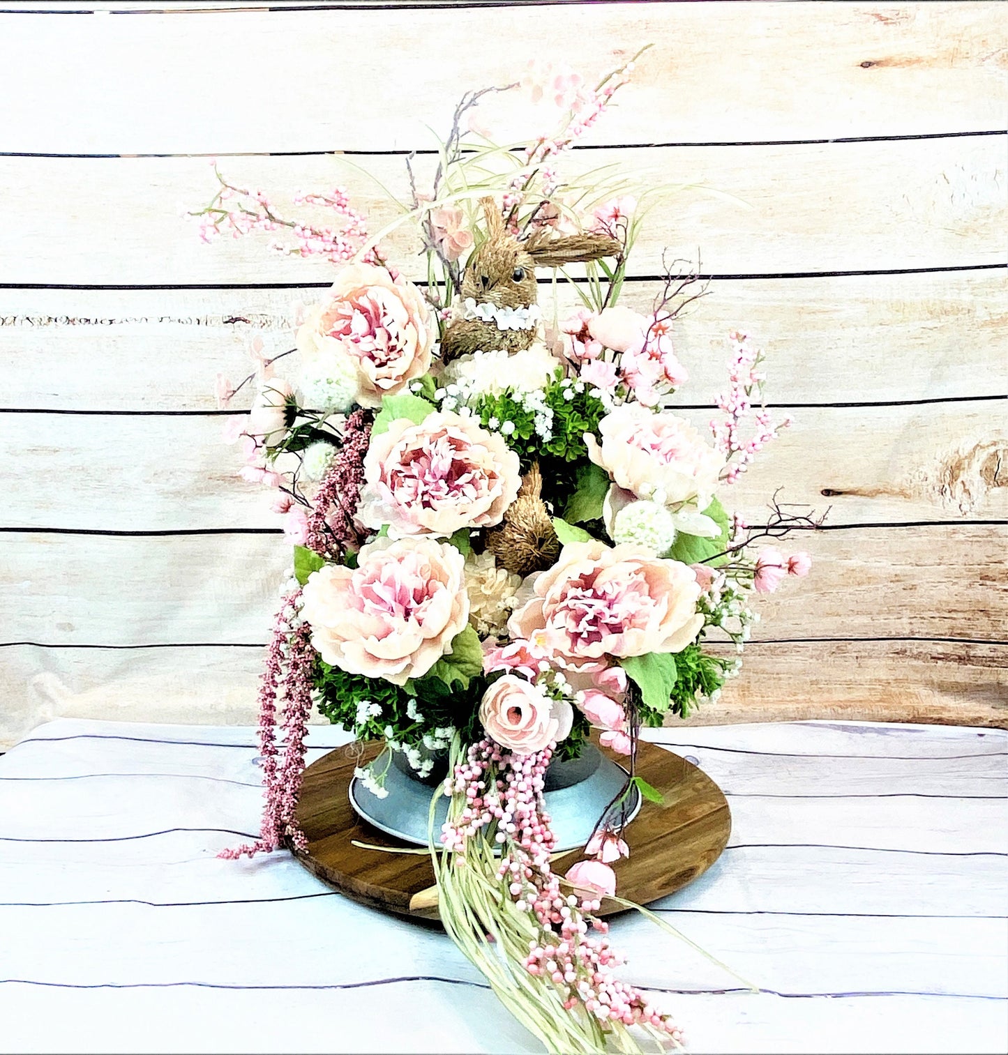 Spring Centerpiece, Easter Bunny Centerpiece, Spring Floral Arrangement, Pink Floral Centerpiece, Mother's Day Gift, Spring Decor