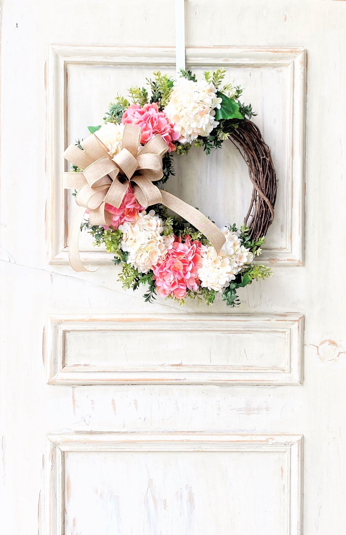 Pink Hydrangea Wreath for Front Door, Everyday Wreath, Farmhouse Wreath, Blush Wedding Decor, Gift for Mom, Year Round Wreath