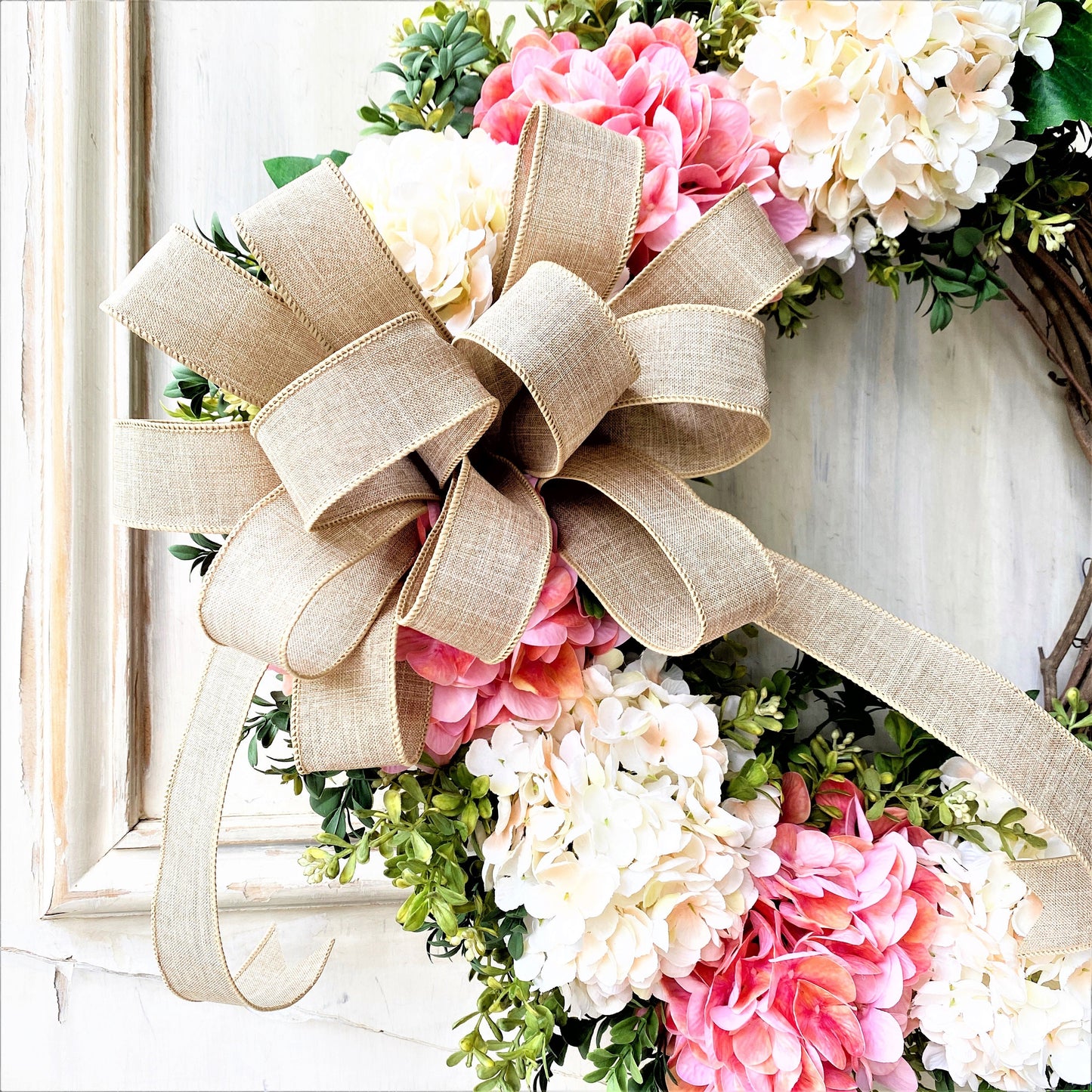 Pink Hydrangea Wreath for Front Door, Everyday Wreath, Farmhouse Wreath, Blush Wedding Decor, Gift for Mom, Year Round Wreath