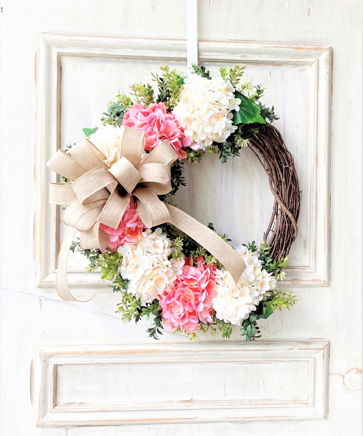 Pink Hydrangea Wreath for Front Door, Everyday Wreath, Farmhouse Wreath, Blush Wedding Decor, Gift for Mom, Year Round Wreath