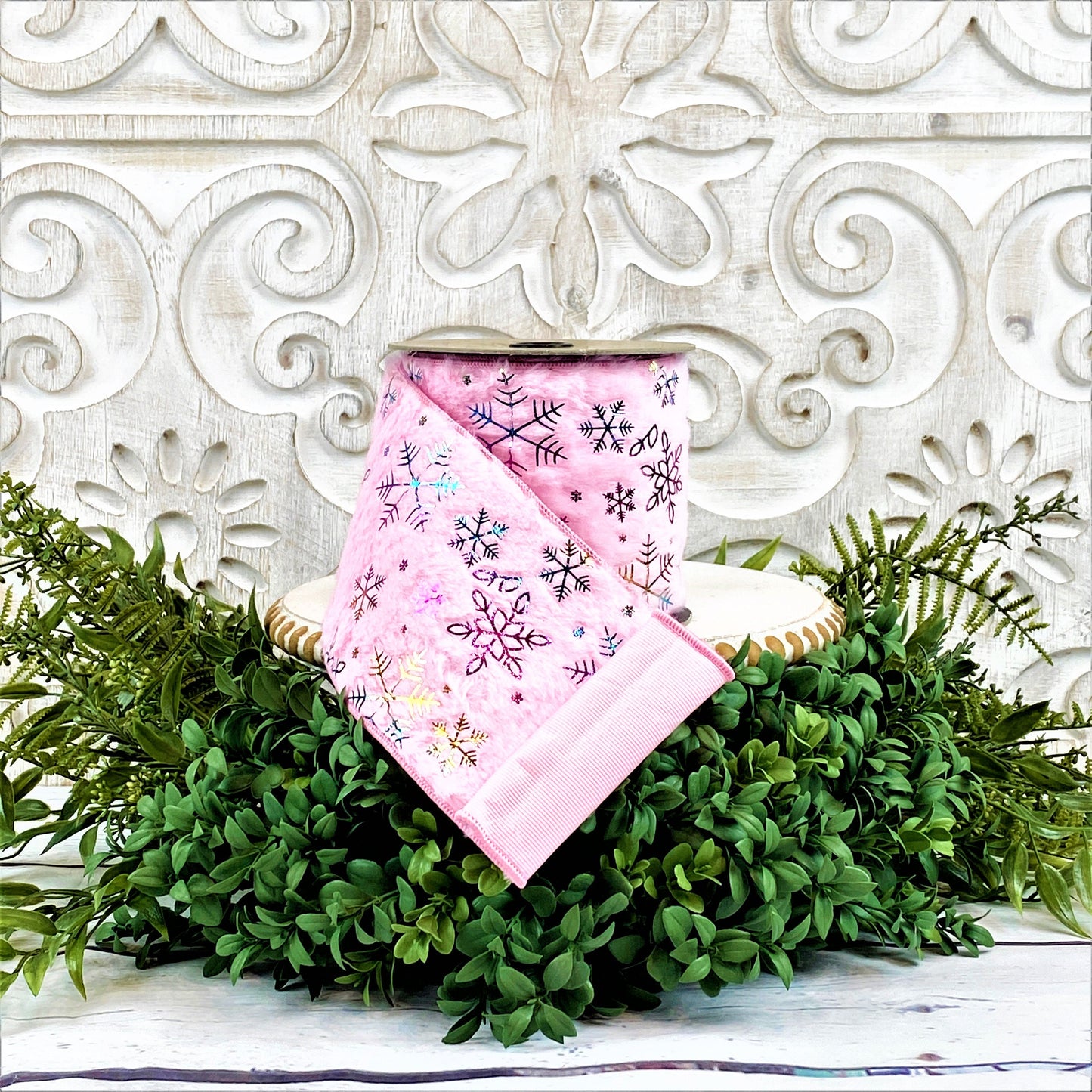 Pink Snowflake Ribbon, Pink Faux Fur Ribbon, Irridescent Snowflake Ribbon, D Stevens Snowflake Ribbon, Pink Christmas Ribbon, Wreath Supply