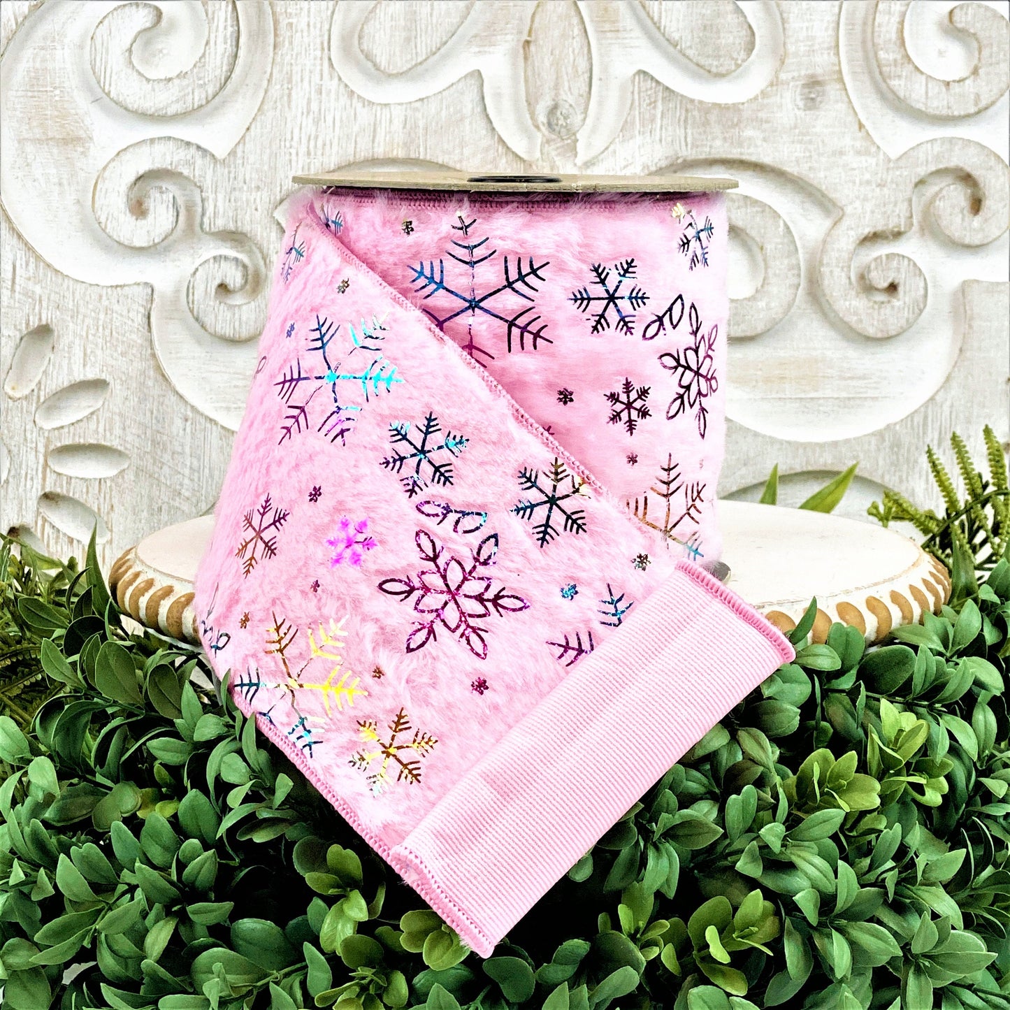 Pink Snowflake Ribbon, Pink Faux Fur Ribbon, Irridescent Snowflake Ribbon, D Stevens Snowflake Ribbon, Pink Christmas Ribbon, Wreath Supply
