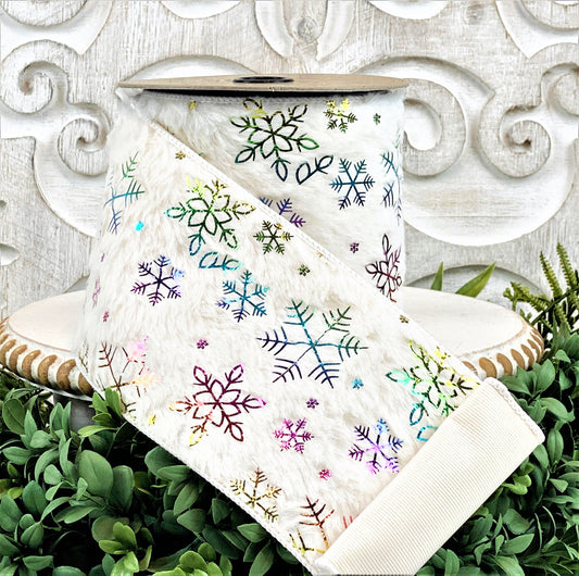 Faux Fur Snowflake Ribbon, White Snowflake Ribbon, Irredescent Snowflake Ribbon, Christmas Ribbon, White Faux Fur Ribbon, D Stevens Ribbon