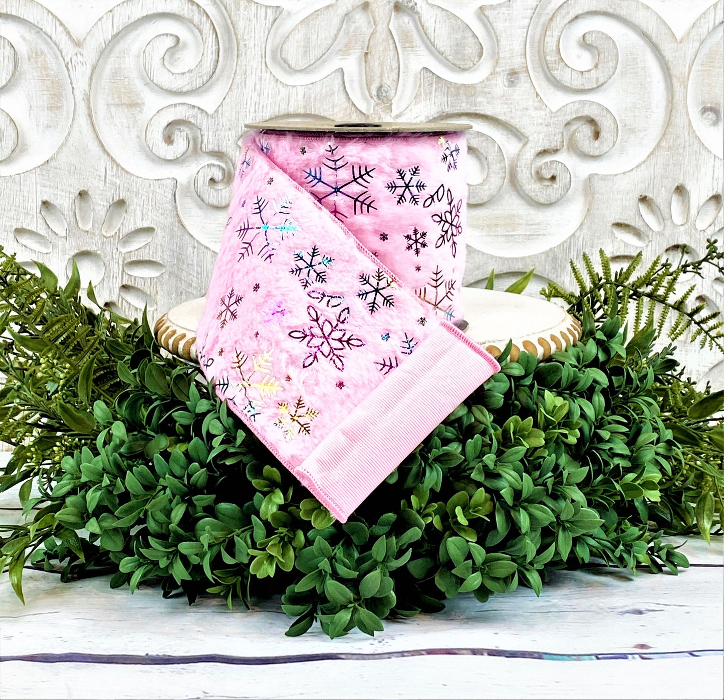 Pink Snowflake Ribbon, Pink Faux Fur Ribbon, Irridescent Snowflake Ribbon, D Stevens Snowflake Ribbon, Pink Christmas Ribbon, Wreath Supply