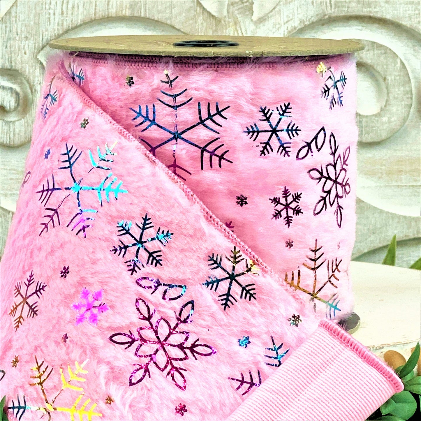 Pink Snowflake Ribbon, Pink Faux Fur Ribbon, Irridescent Snowflake Ribbon, D Stevens Snowflake Ribbon, Pink Christmas Ribbon, Wreath Supply