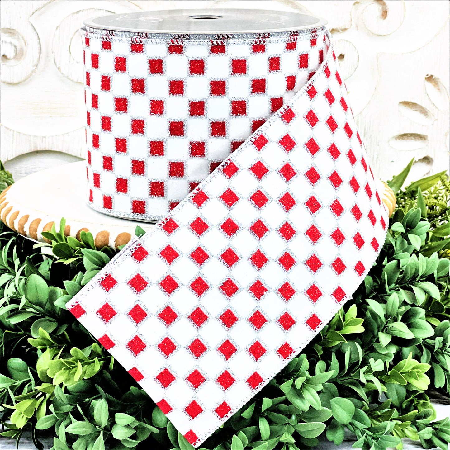 Red and White Checked Ribbon, Glitter Checked Ribbon, Framed Checks Ribbon, Christmas Ribbon, Red and Silver Ribbon, 4" Wired Ribbon
