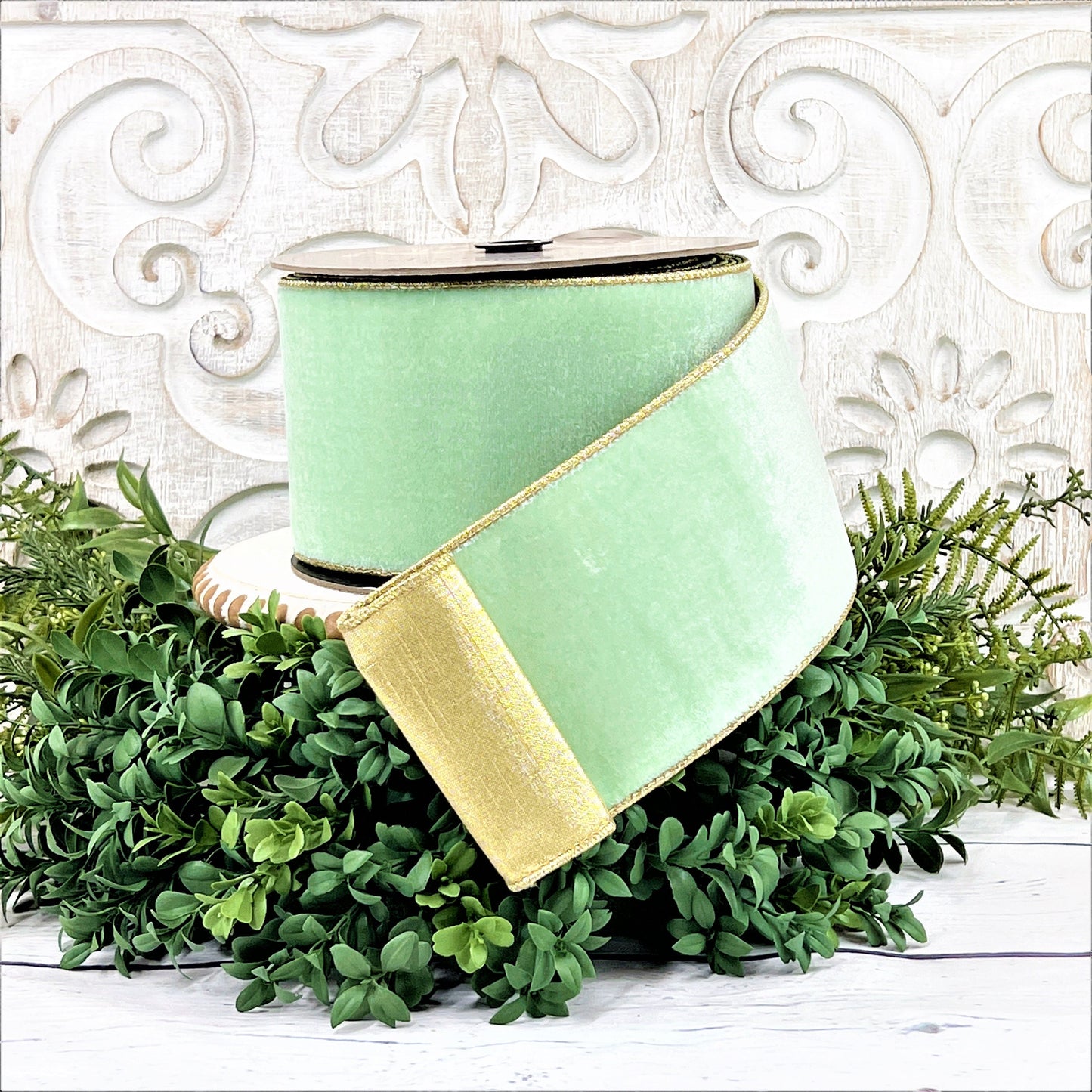 Mint Green Velvet Ribbon, Two Sided Velvet Ribbon, Green Velvet Ribbon, 4" Velvet Ribbon, Mint Green Ribbon, D Stevens Ribbon