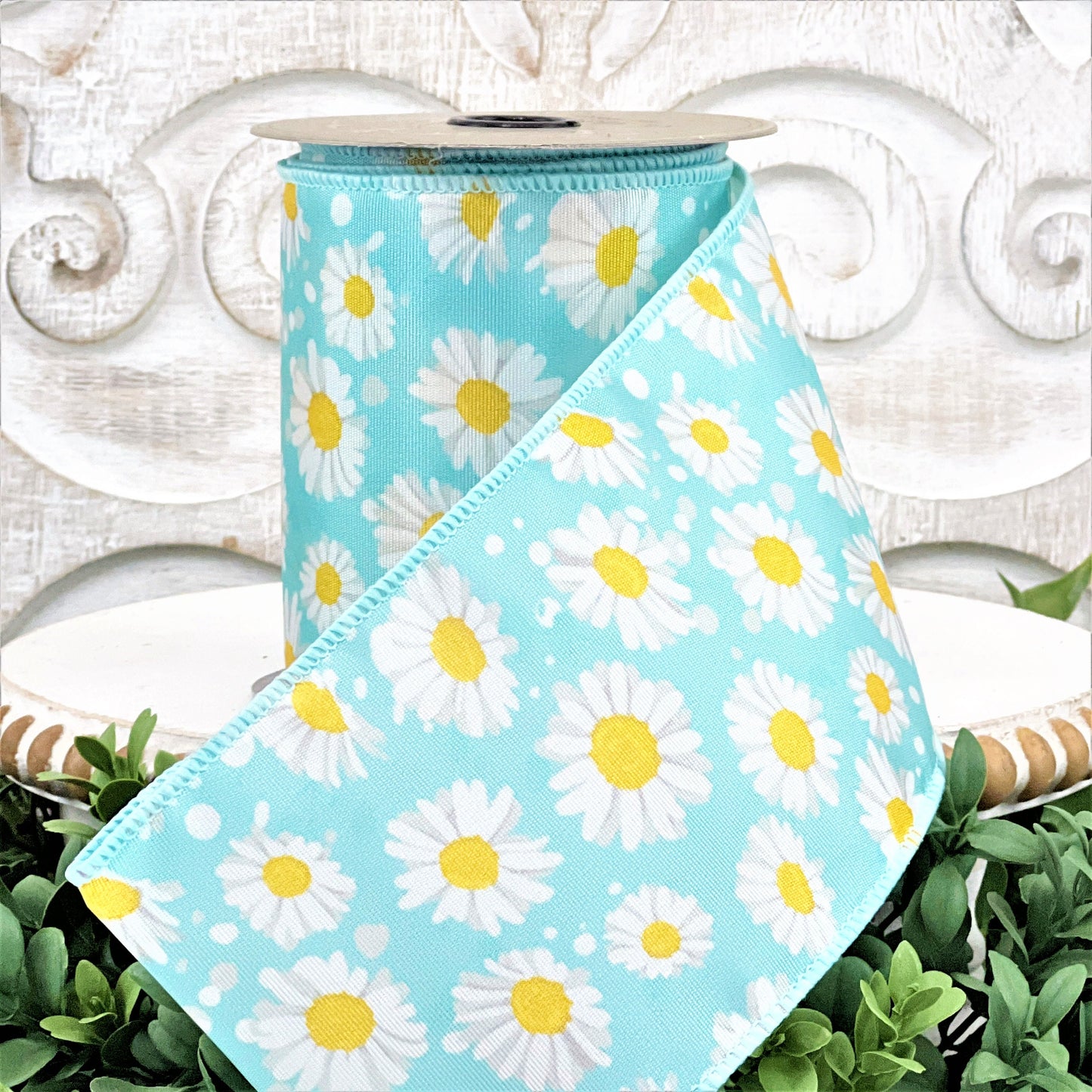 4 Inch Daisy ribbon, Daisy Ribbon, Blue Daisy Ribbon, Wired Daisy Ribbon, Blue Floral Ribbon, Wired Flowered Ribbon, Grosgrain Ribbon