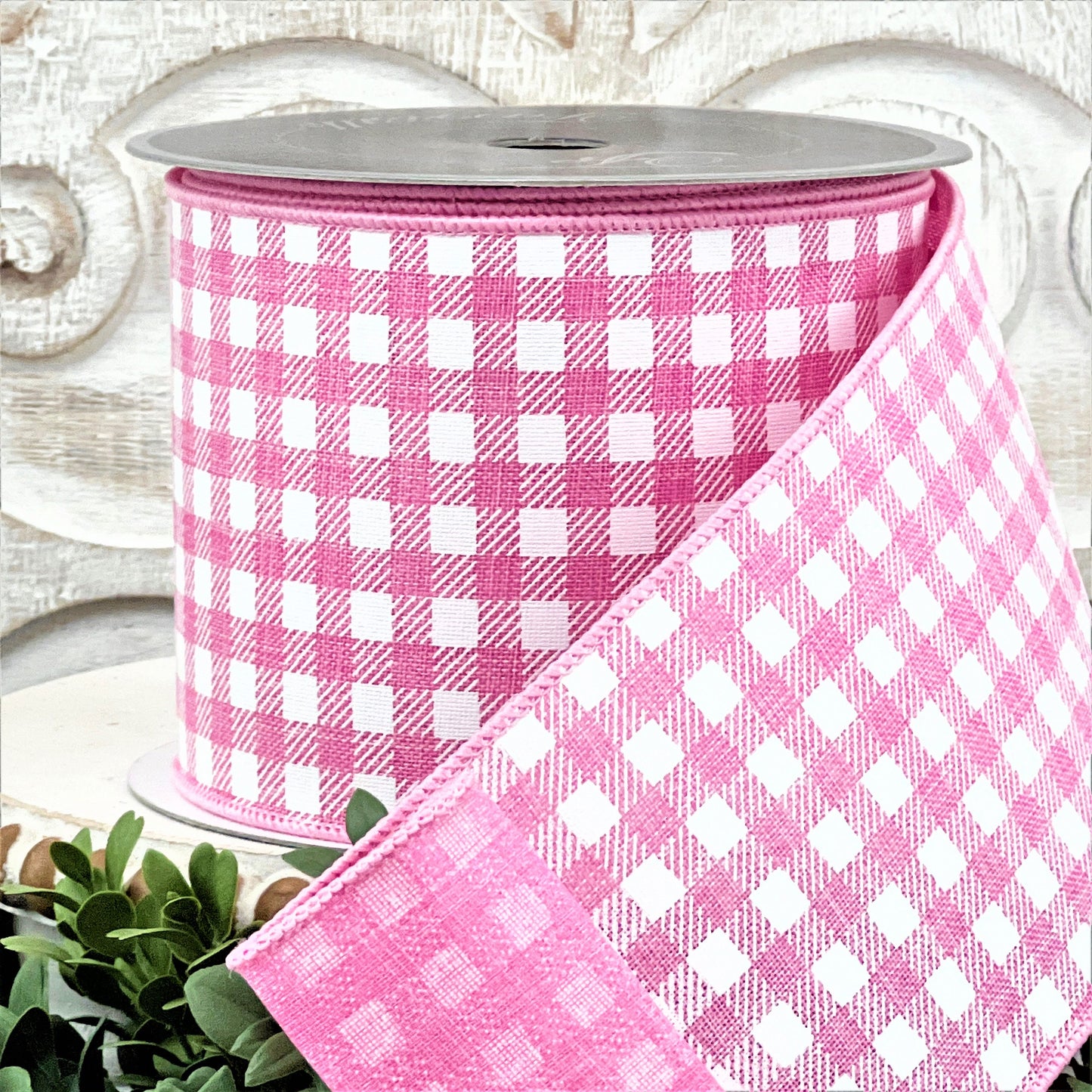 Pink Gingham Ribbon, Pink and White Check Ribbon,  Farrisilk Picnic Check Ribbon, 4 Inch Wired ribbon, Designer Ribbon, Wired Floral Ribbon