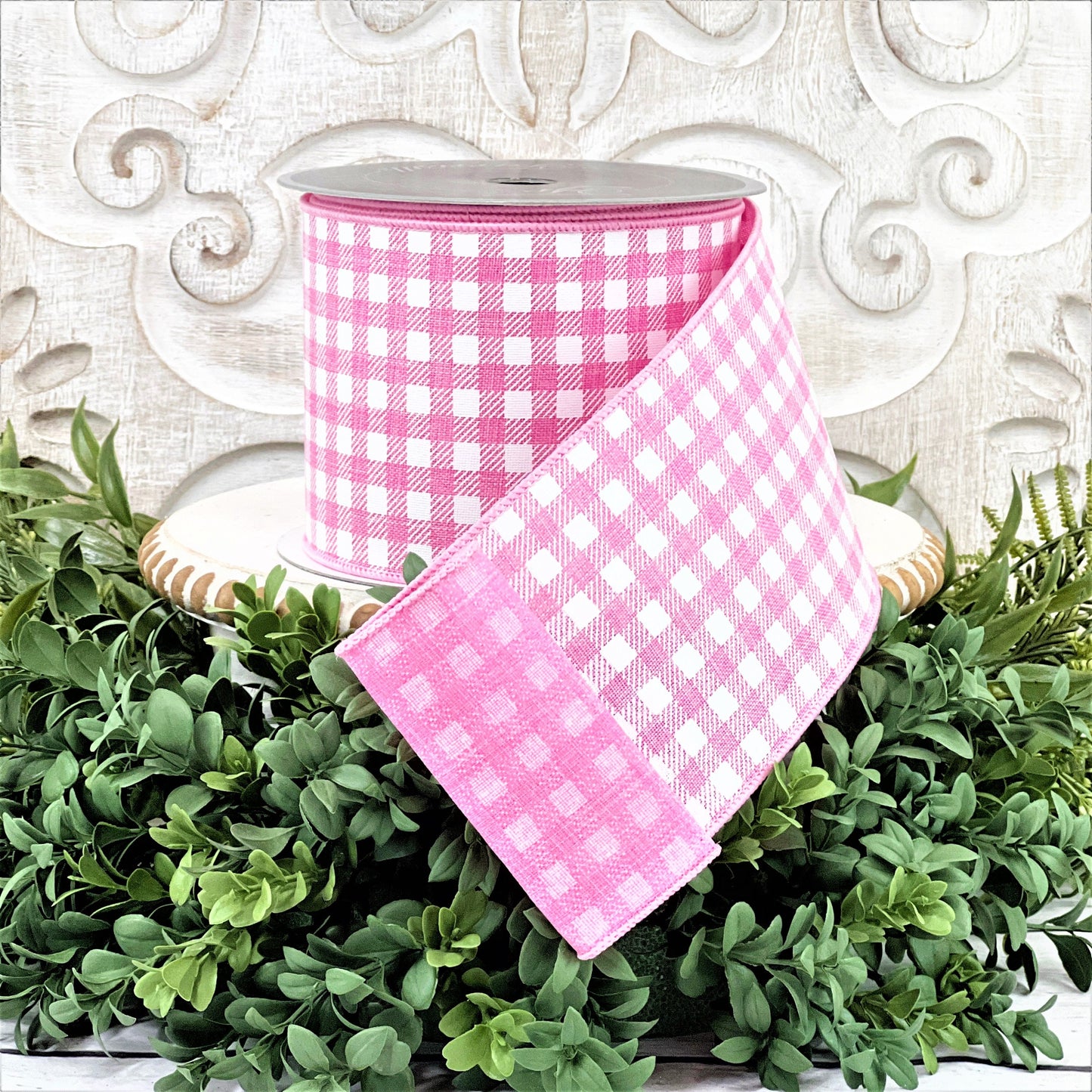 Pink Gingham Ribbon, Pink and White Check Ribbon,  Farrisilk Picnic Check Ribbon, 4 Inch Wired ribbon, Designer Ribbon, Wired Floral Ribbon