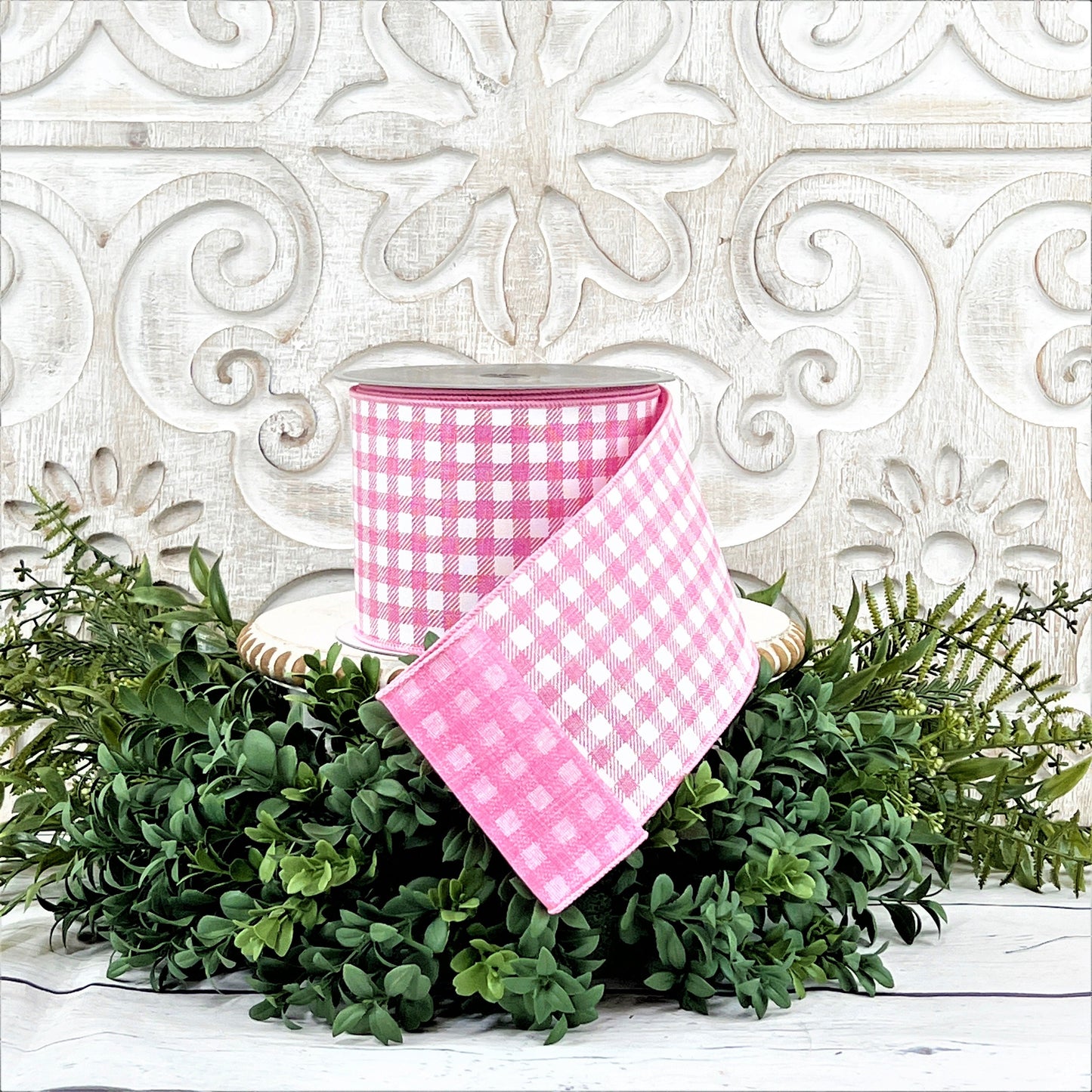 Pink Gingham Ribbon, Pink and White Check Ribbon,  Farrisilk Picnic Check Ribbon, 4 Inch Wired ribbon, Designer Ribbon, Wired Floral Ribbon